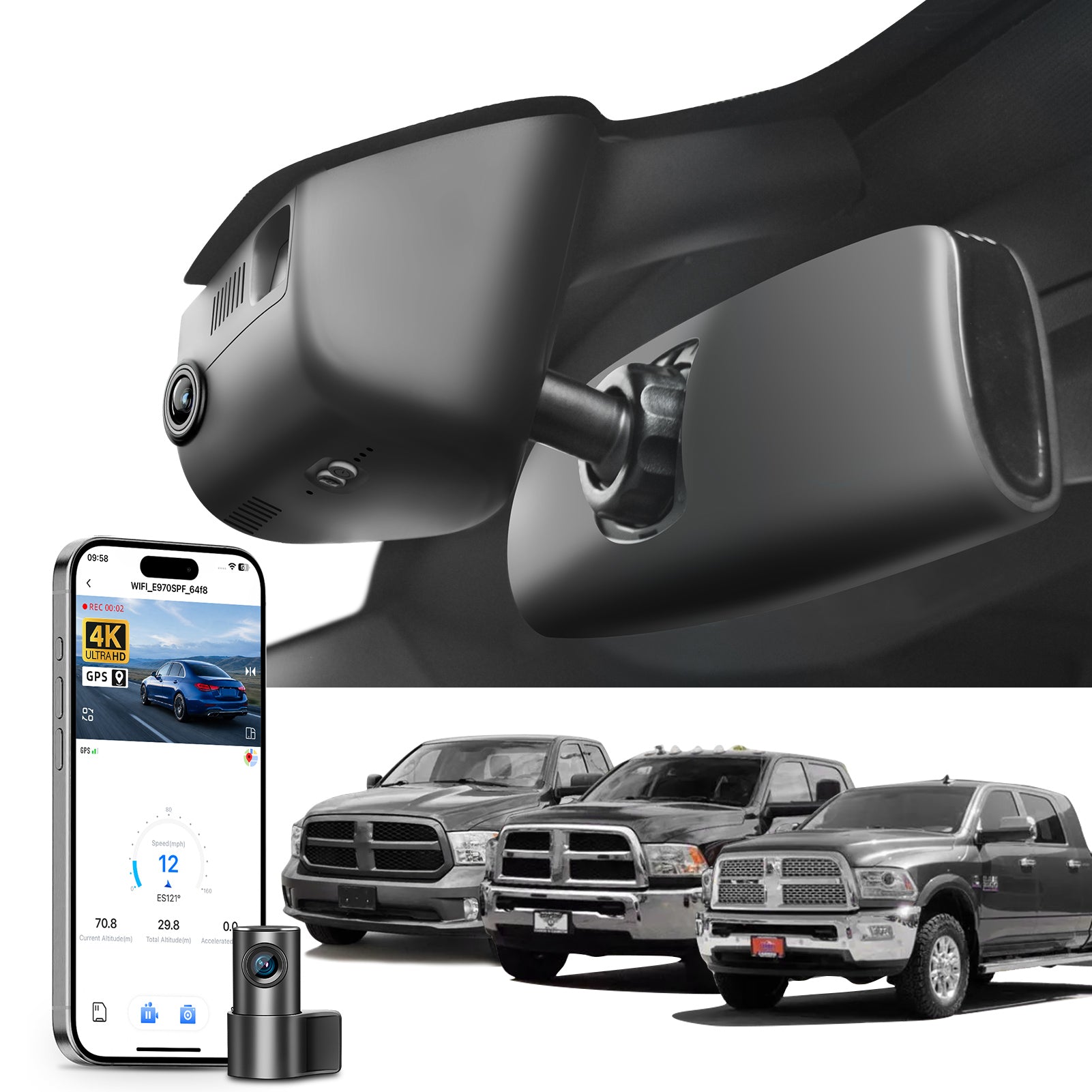 Mangoal 2 channel dash cam with STARVIS sensor, features smartphone app control, front 4K UHD and rear Full HD recording, GPS tracking, and Dodge RAM in the background.
