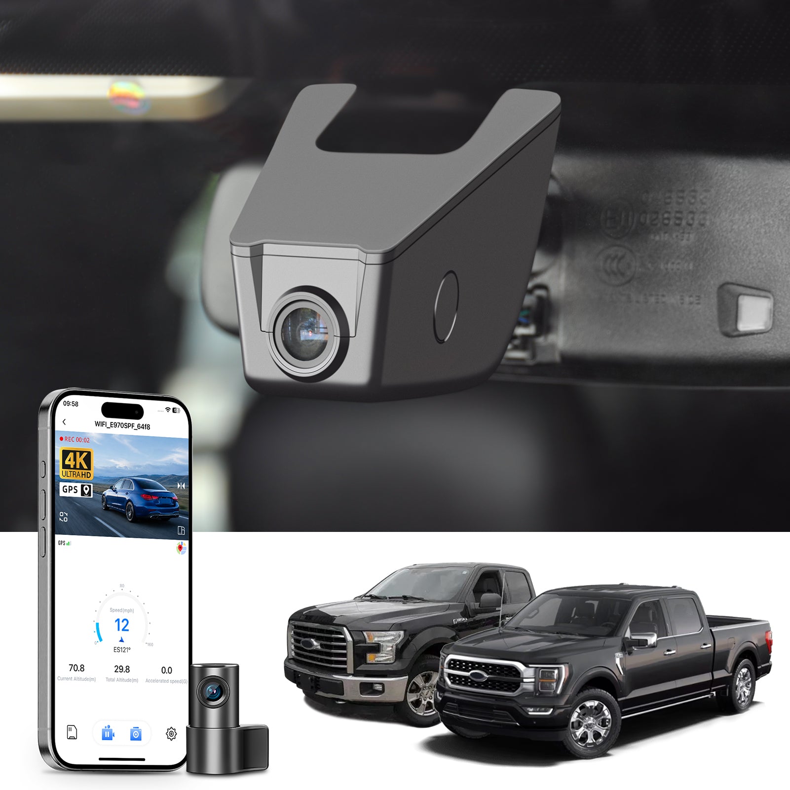 Mangoal 2 channel dash cam with STARVIS sensor, features smartphone app control, front 4K UHD and rear Full HD recording, GPS tracking, and Ford F Series models in the background.