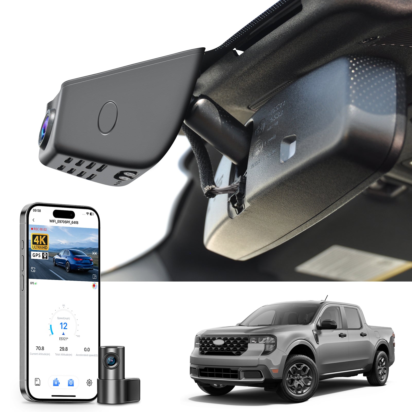 Mangoal 2 channel dash cam with STARVIS sensor, features smartphone app control, front 4K UHD and rear Full HD recording, GPS tracking, and Ford Maverick models in the background.