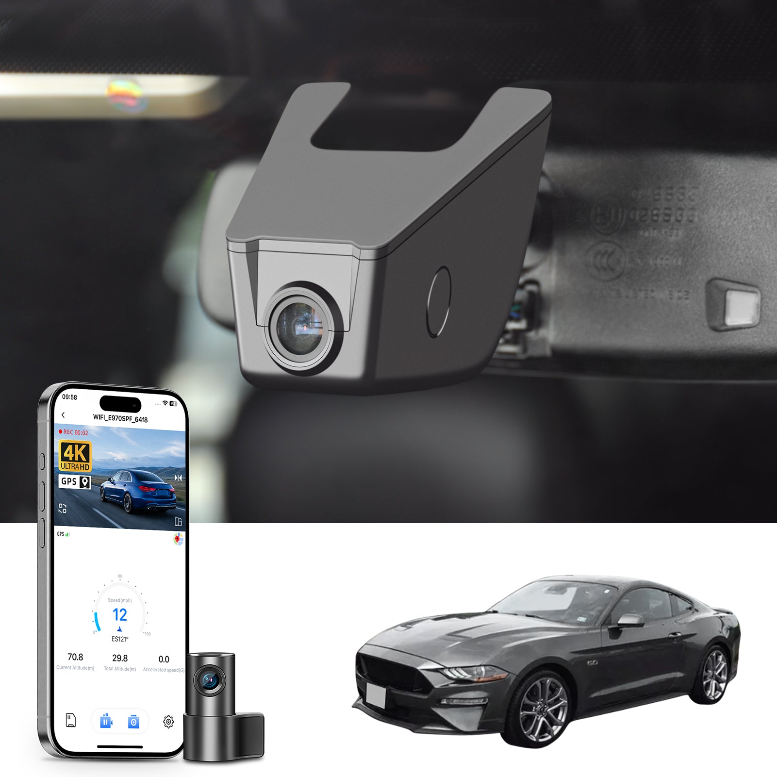Mangoal 2 channel dash cam with STARVIS sensor, features smartphone app control, front 4K UHD and rear Full HD recording, GPS tracking, and Ford Mustang models in the background.