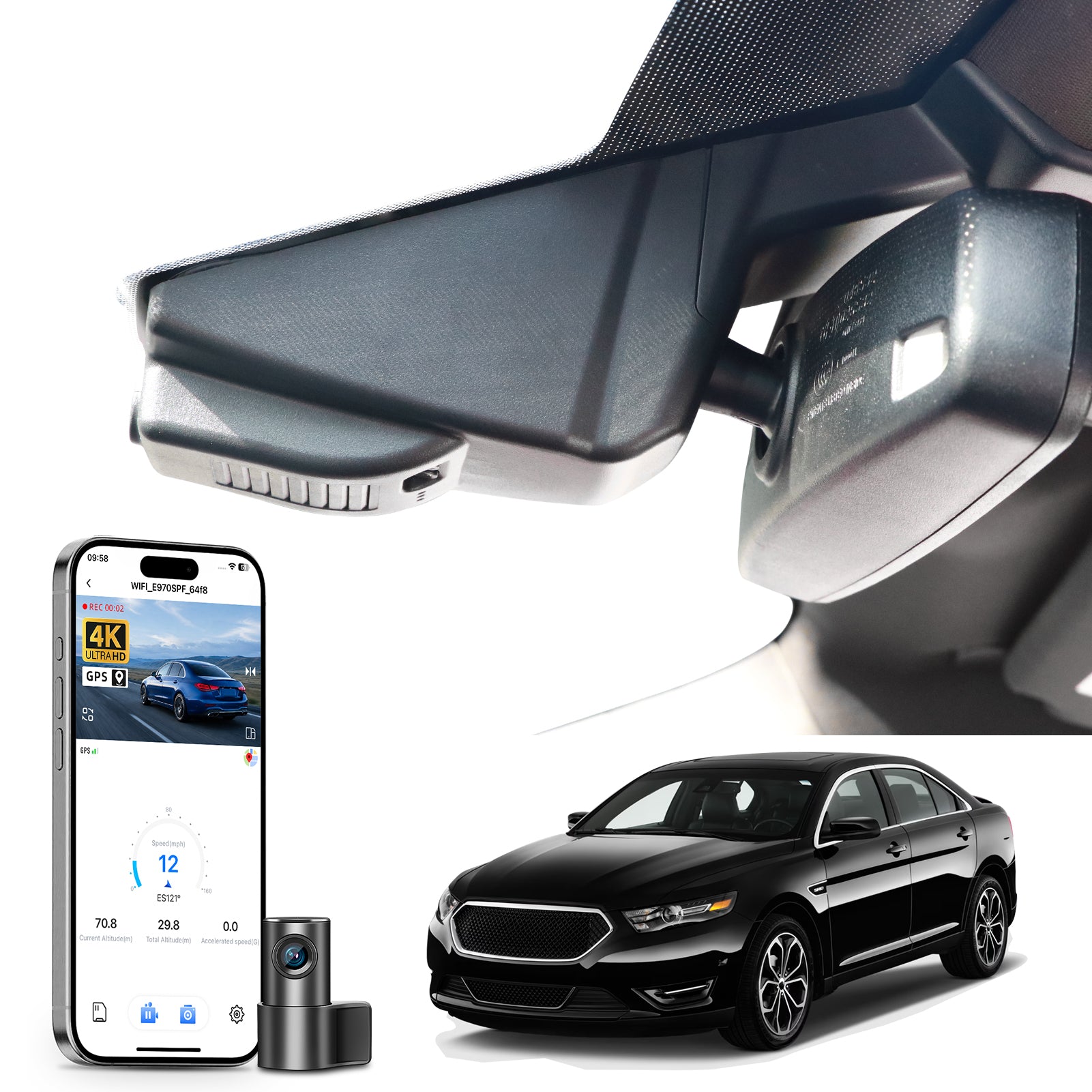 Mangoal 2 channel dash cam with STARVIS sensor, features smartphone app control, front 4K UHD and rear Full HD recording, GPS tracking, and Ford Taurus models in the background.