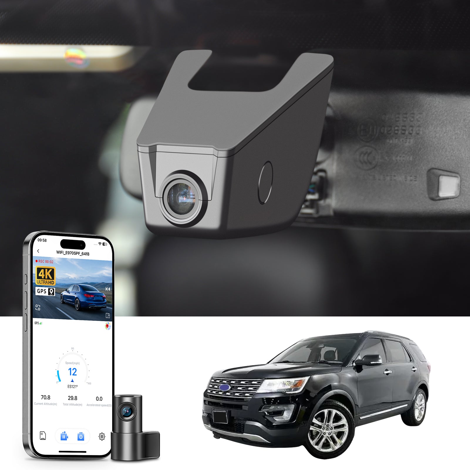 
Mangoal 2 channel dash cam with STARVIS sensor, features smartphone app control, front 4K UHD and rear Full HD recording, GPS tracking, and Ford Explorer models in the background.