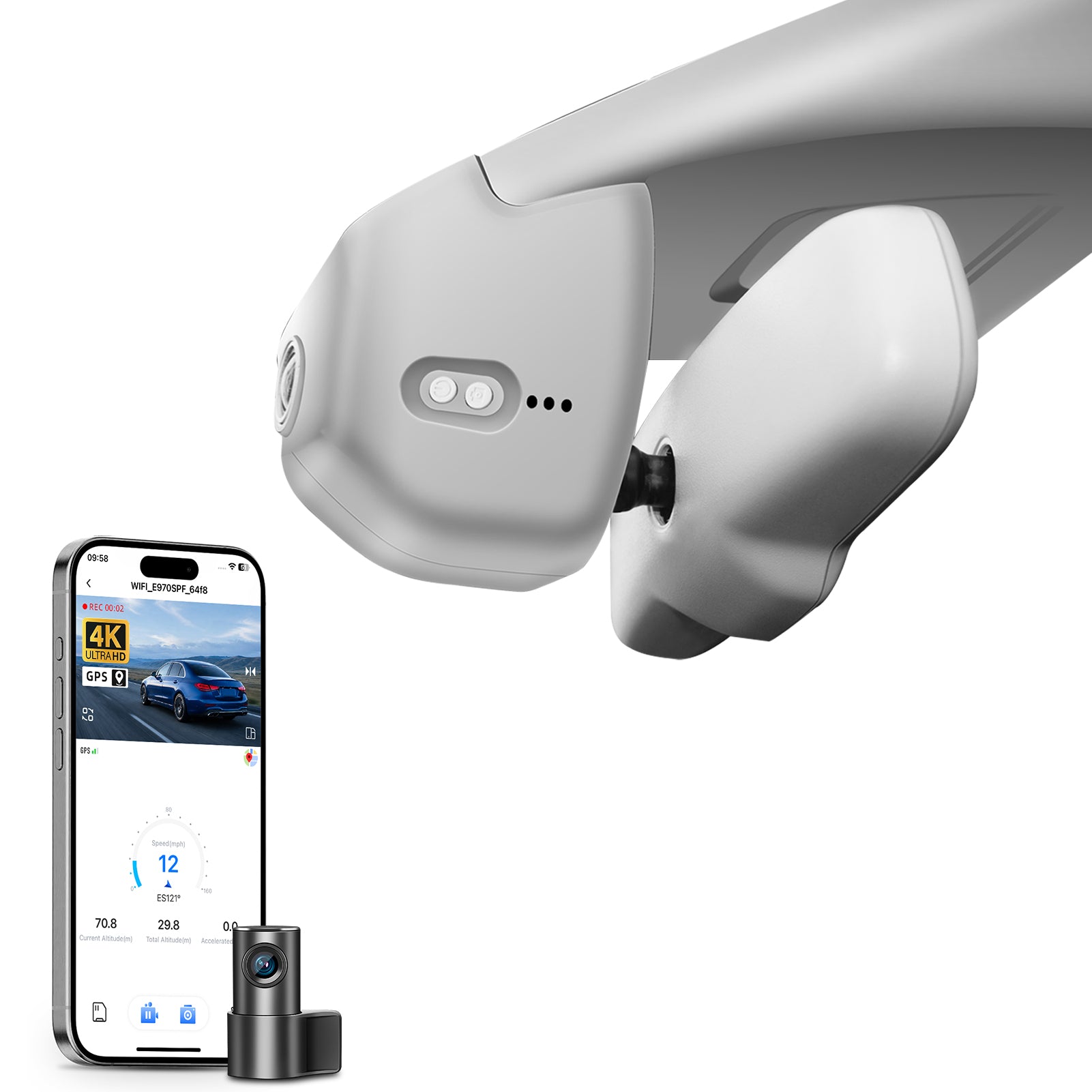 Mangoal 2 channel dash cam with STARVIS sensor, features smartphone app control, front 4K UHD and rear Full HD recording, GPS tracking, and Honda Civic models in the background.