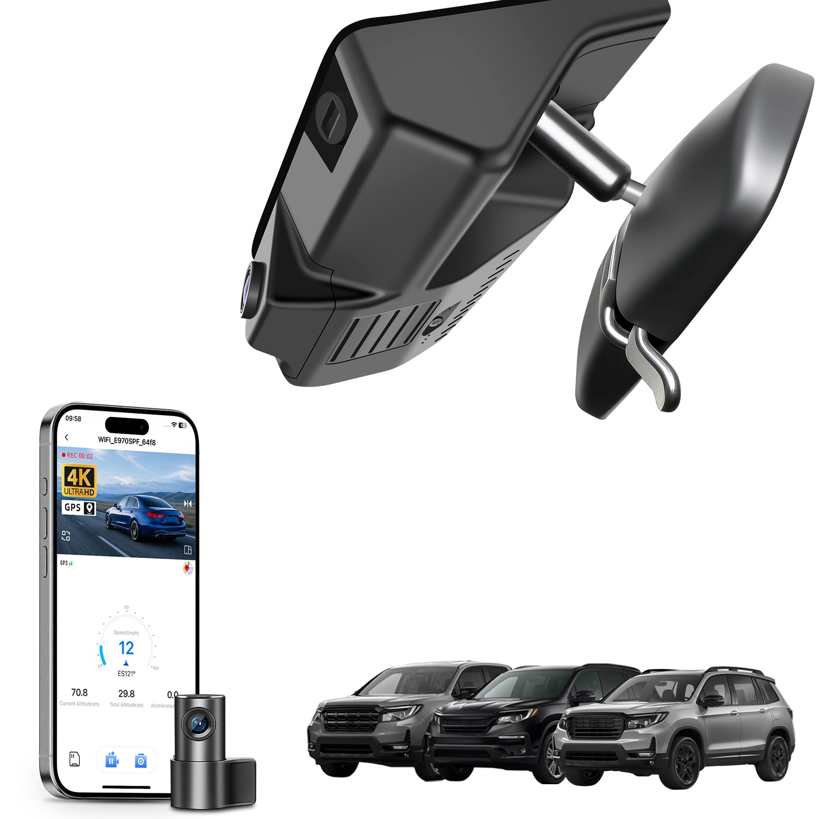 Mangoal 2 channel dash cam with STARVIS sensor, features smartphone app control, front 4K UHD and rear Full HD recording, GPS tracking, and Honda models in the background.