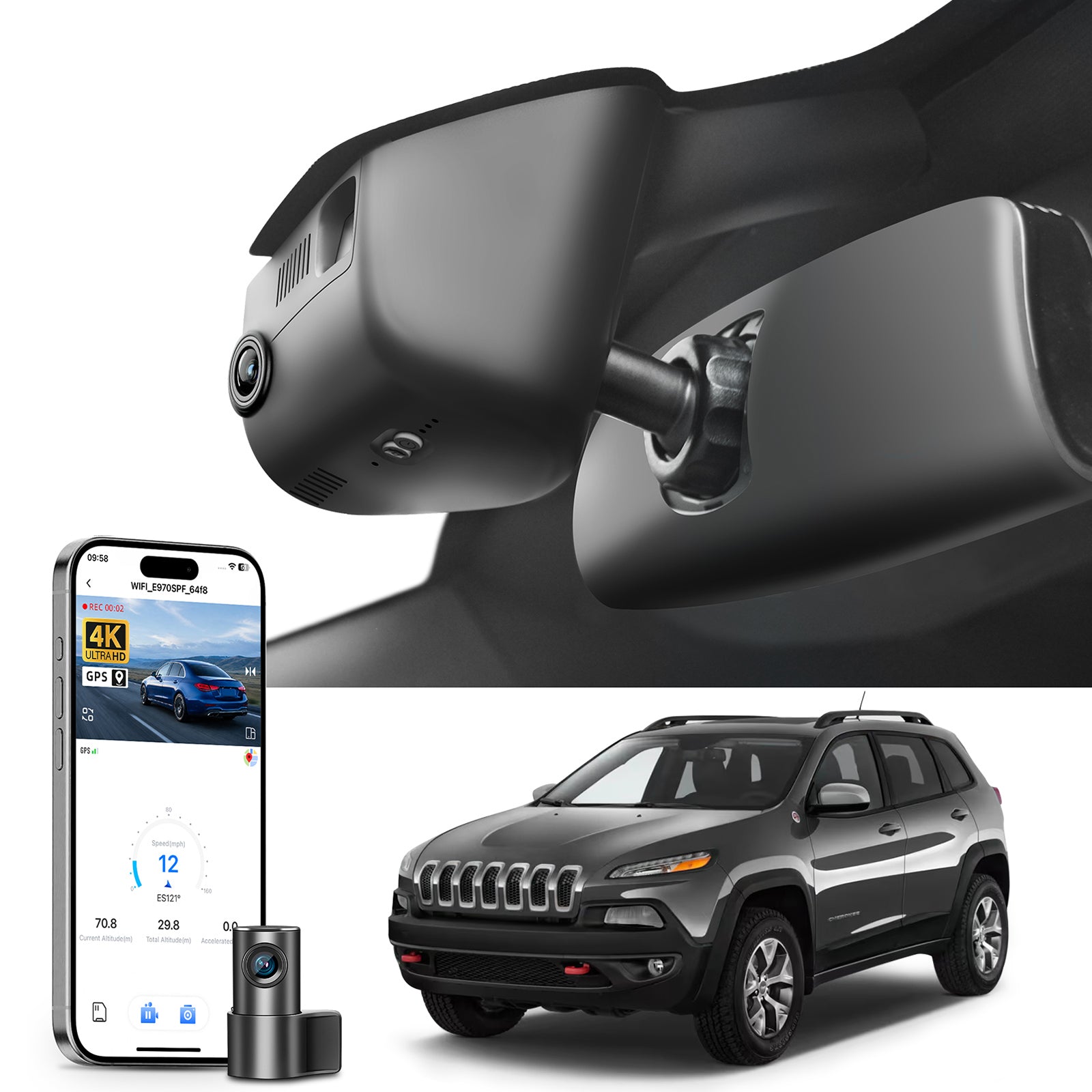 Mangoal 2 channel dash cam with STARVIS sensor, features smartphone app control, front 4K UHD and rear Full HD recording, GPS tracking, and Jeep Cherokee models in the background.