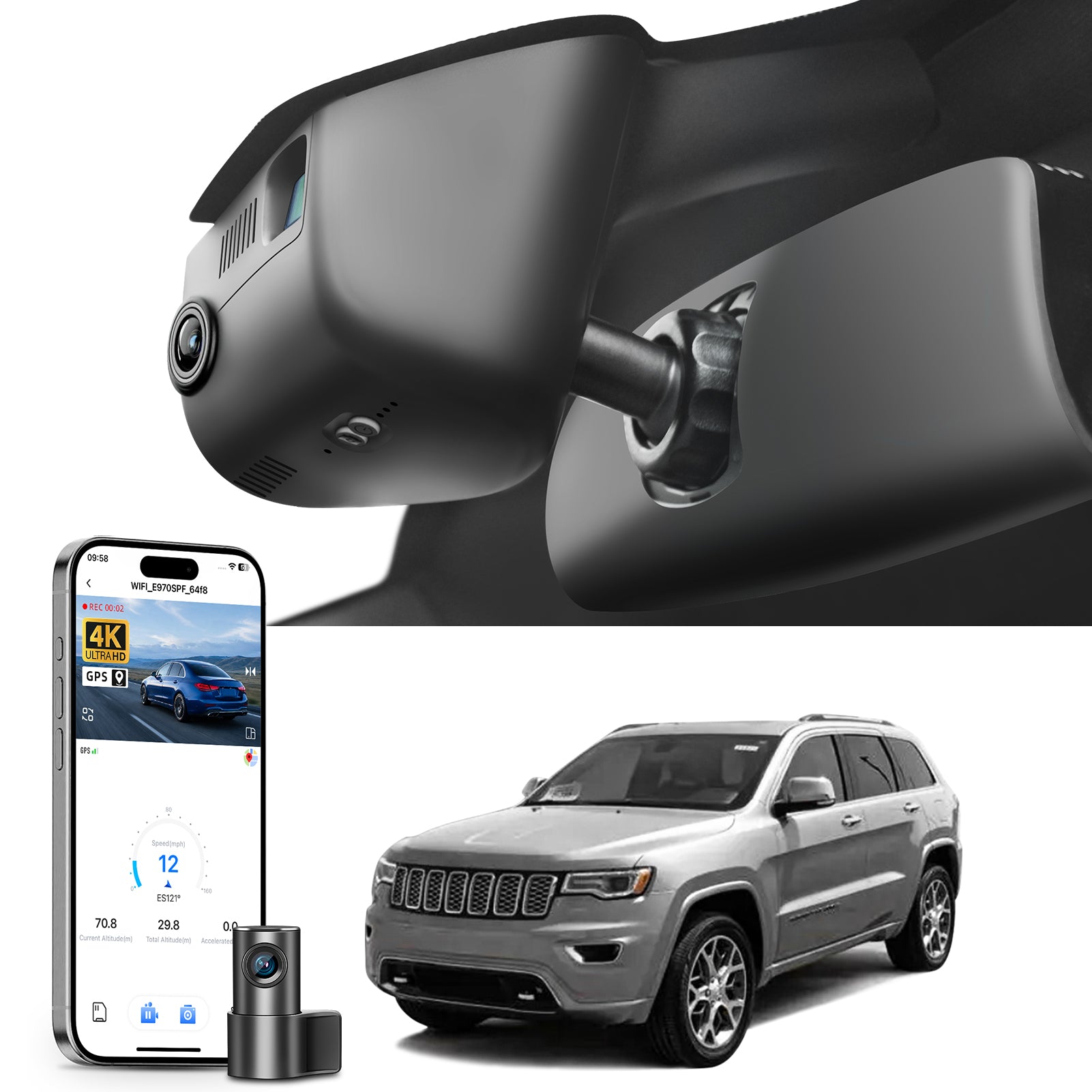 Mangoal 2 channel dash cam with STARVIS sensor, features smartphone app control, front 4K UHD and rear Full HD recording, GPS tracking, and Jeep Grand Cherokee models in the background.