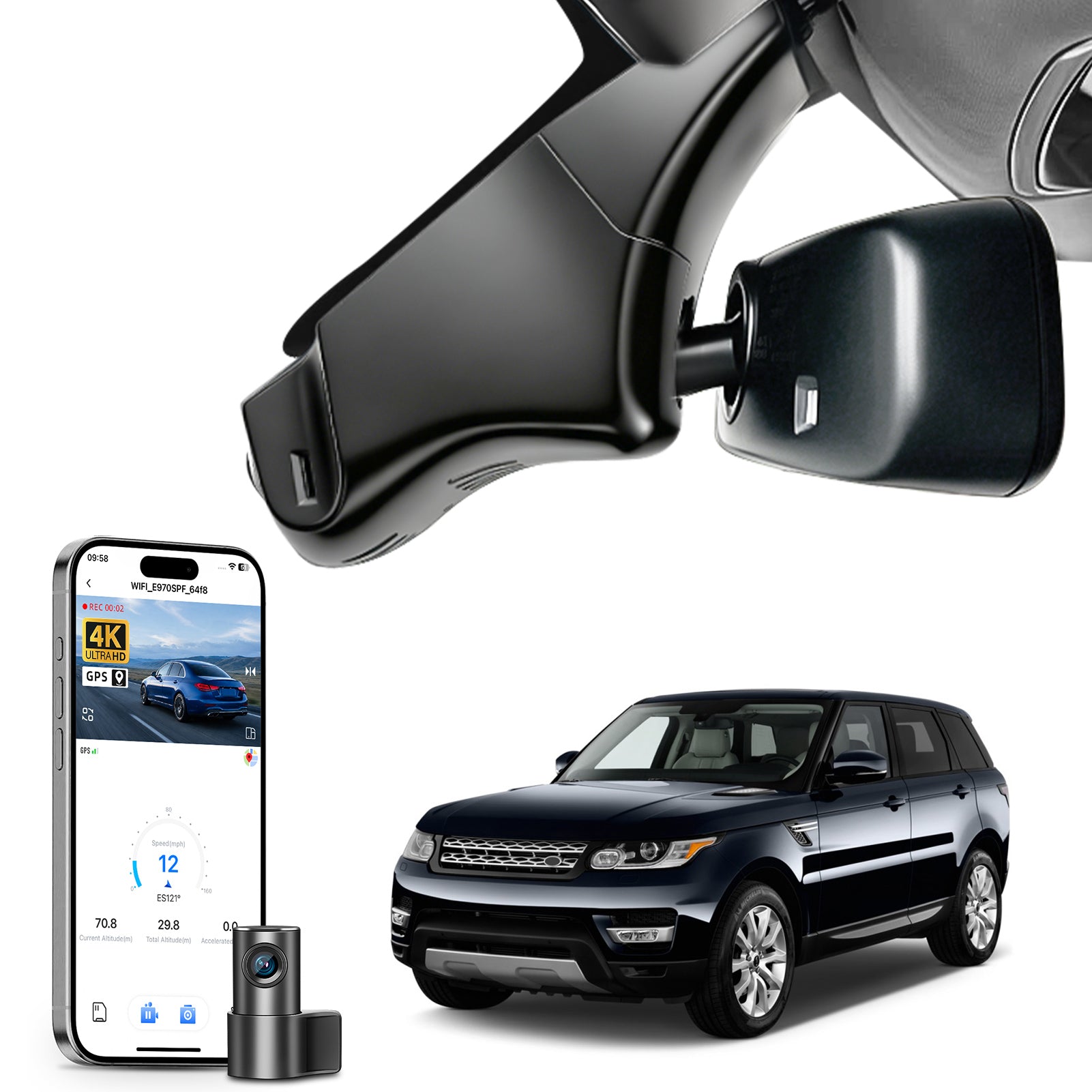 Mangoal 2 channel dash cam with STARVIS sensor, features smartphone app control, front 4K UHD and rear Full HD recording, GPS tracking and Land Rover Range Rover & Range Rover Sport models in the background. 