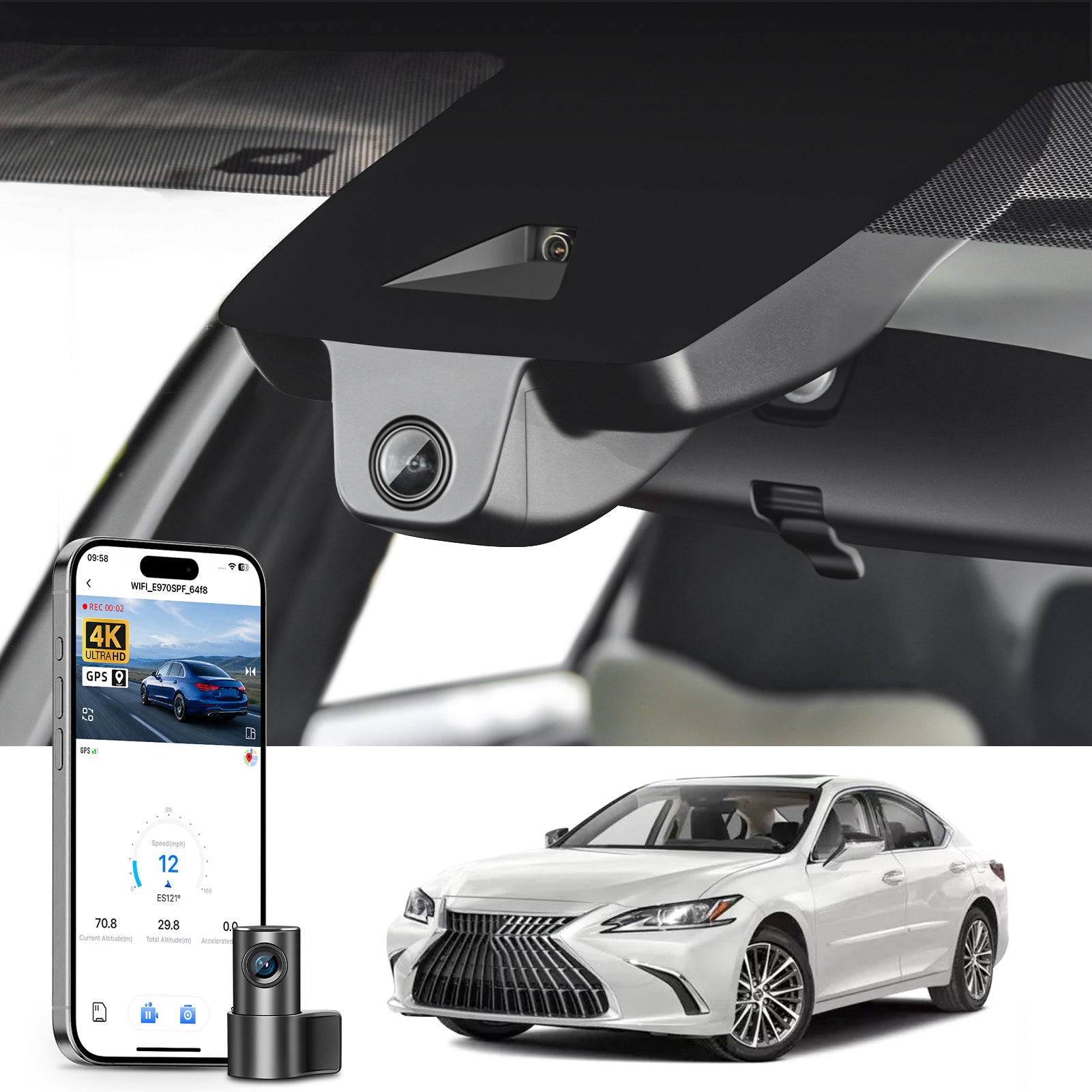 Mangoal 2 channel dash cam with STARVIS sensor, features smartphone app control, front 4K UHD and rear Full HD recording, GPS tracking, and Lexus ES models in the background.