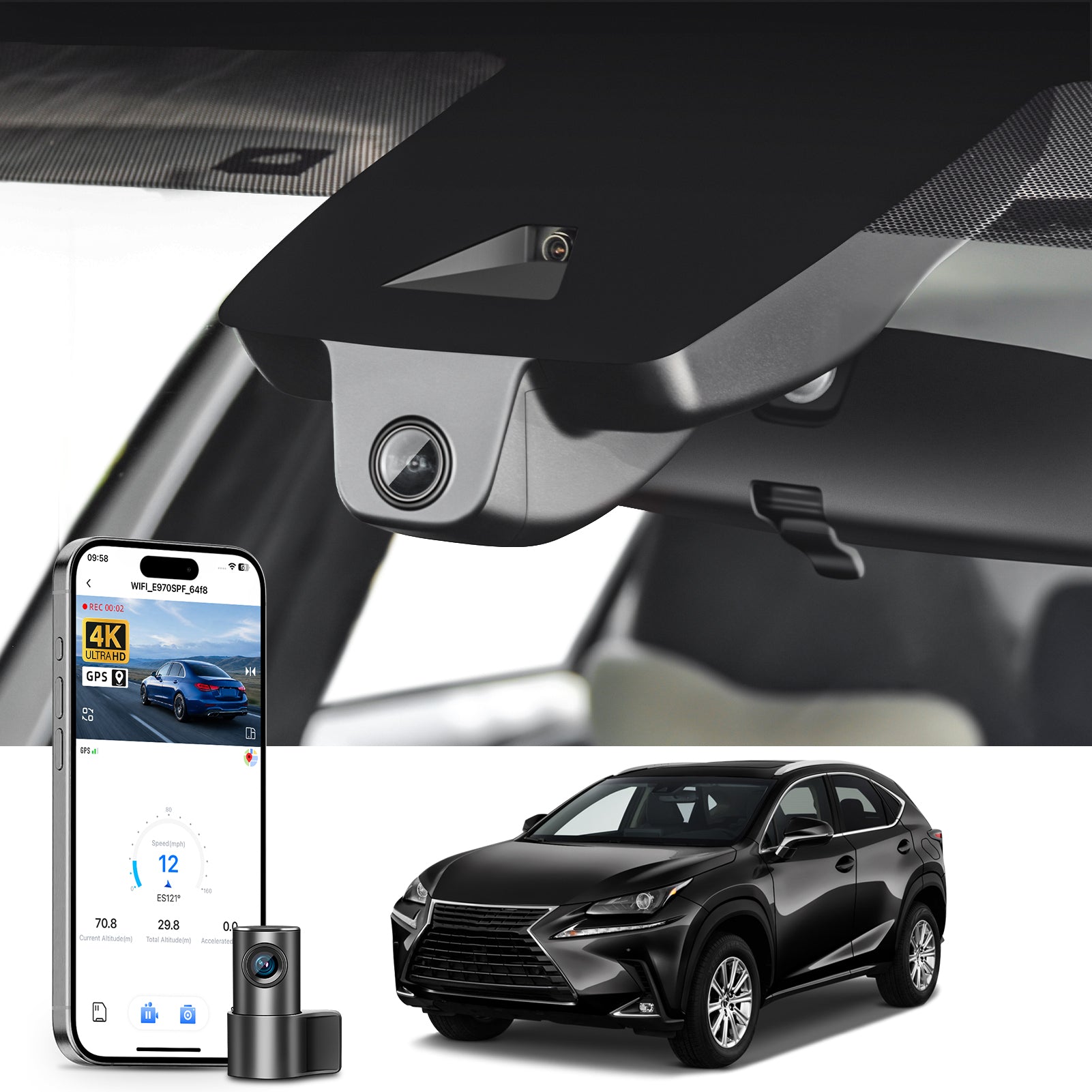 Mangoal 2 channel dash cam with STARVIS sensor, features smartphone app control, front 4K UHD and rear Full HD recording, GPS tracking, and Lexus NX models in the background.