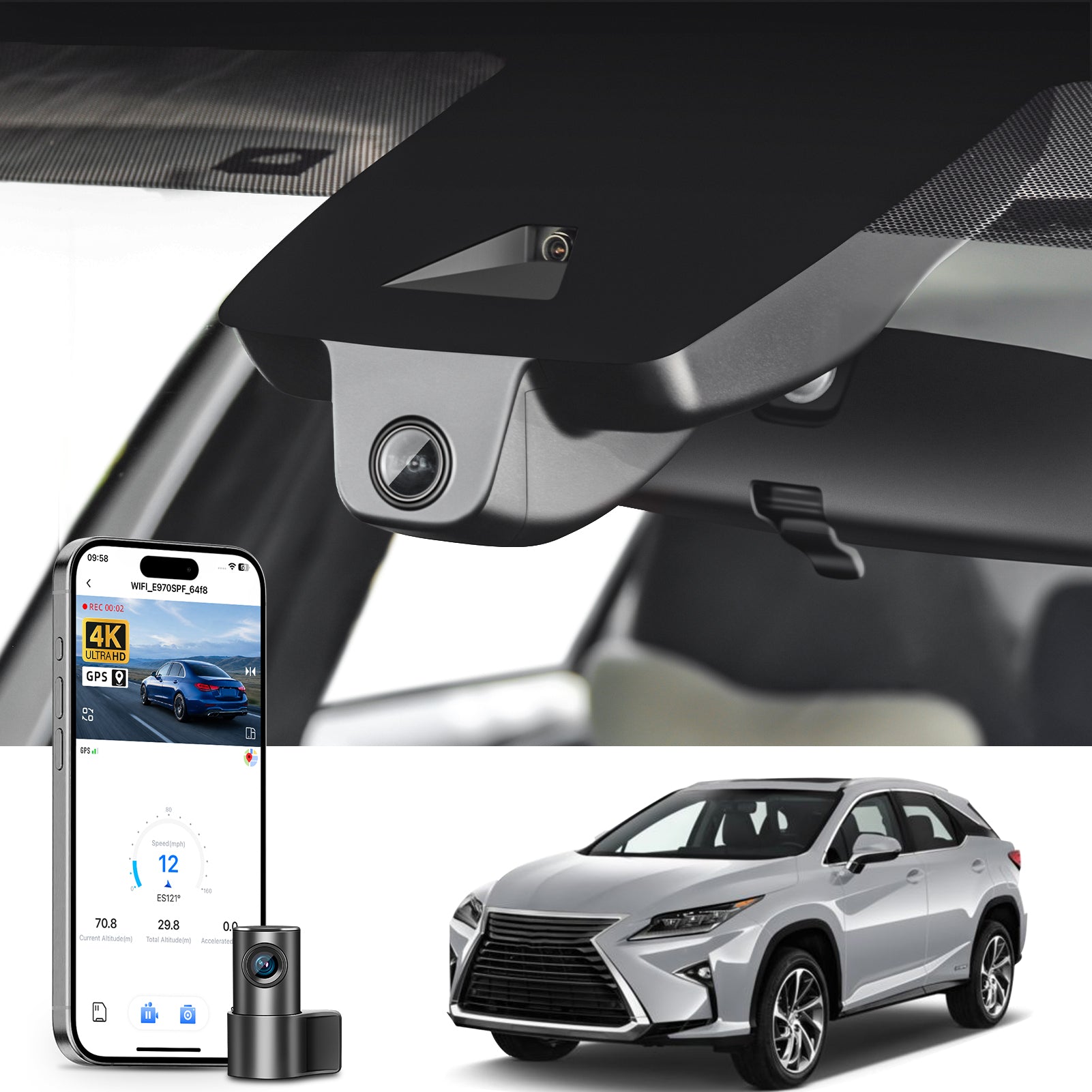 Mangoal 2 channel dash cam with STARVIS sensor, features smartphone app control, front 4K UHD and rear Full HD recording, GPS tracking, and Lexus RX models in the background.