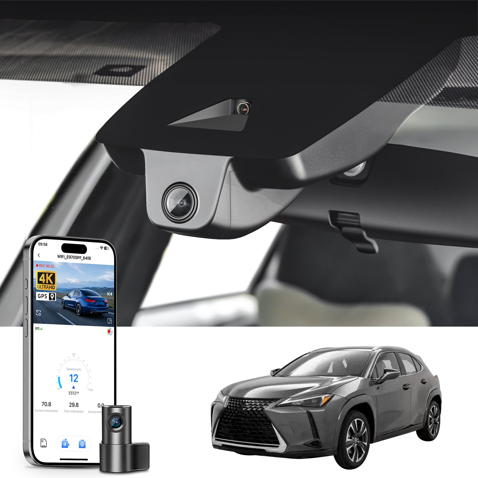 Mangoal 2 channel dash cam with STARVIS sensor, features smartphone app control, front 4K UHD and rear Full HD recording, GPS tracking, and Lexus UX models in the background.