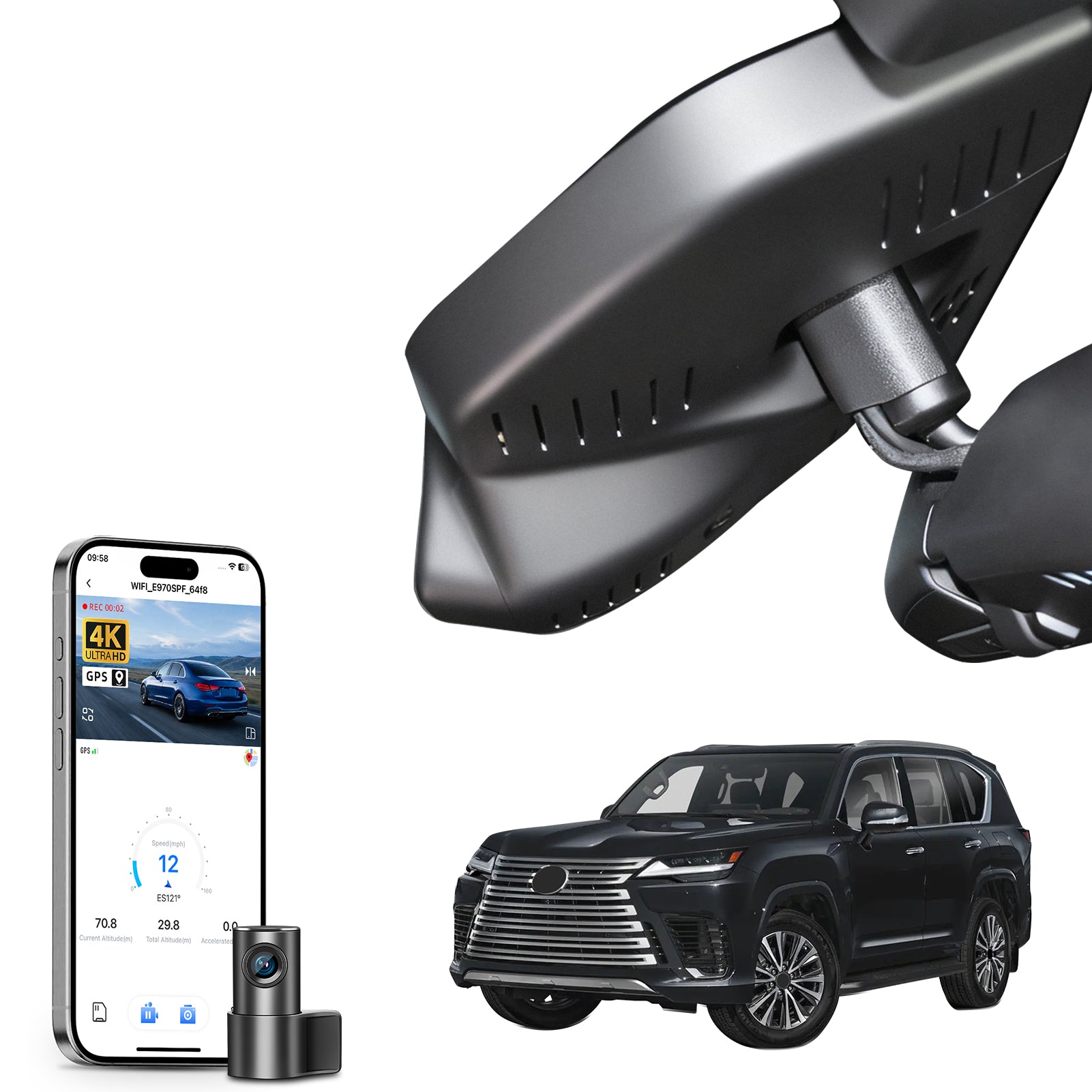 Mangoal 2 channel dash cam with STARVIS sensor, features smartphone app control, front 4K UHD and rear Full HD recording, GPS tracking, and Lexus LX models in the background.