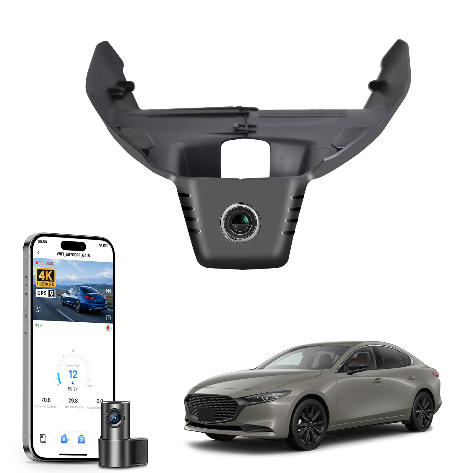 Mangoal 2 channel dash cam with STARVIS sensor, features smartphone app control, front 4K UHD and rear Full HD recording, GPS tracking, and Mazda 3 models in the background.