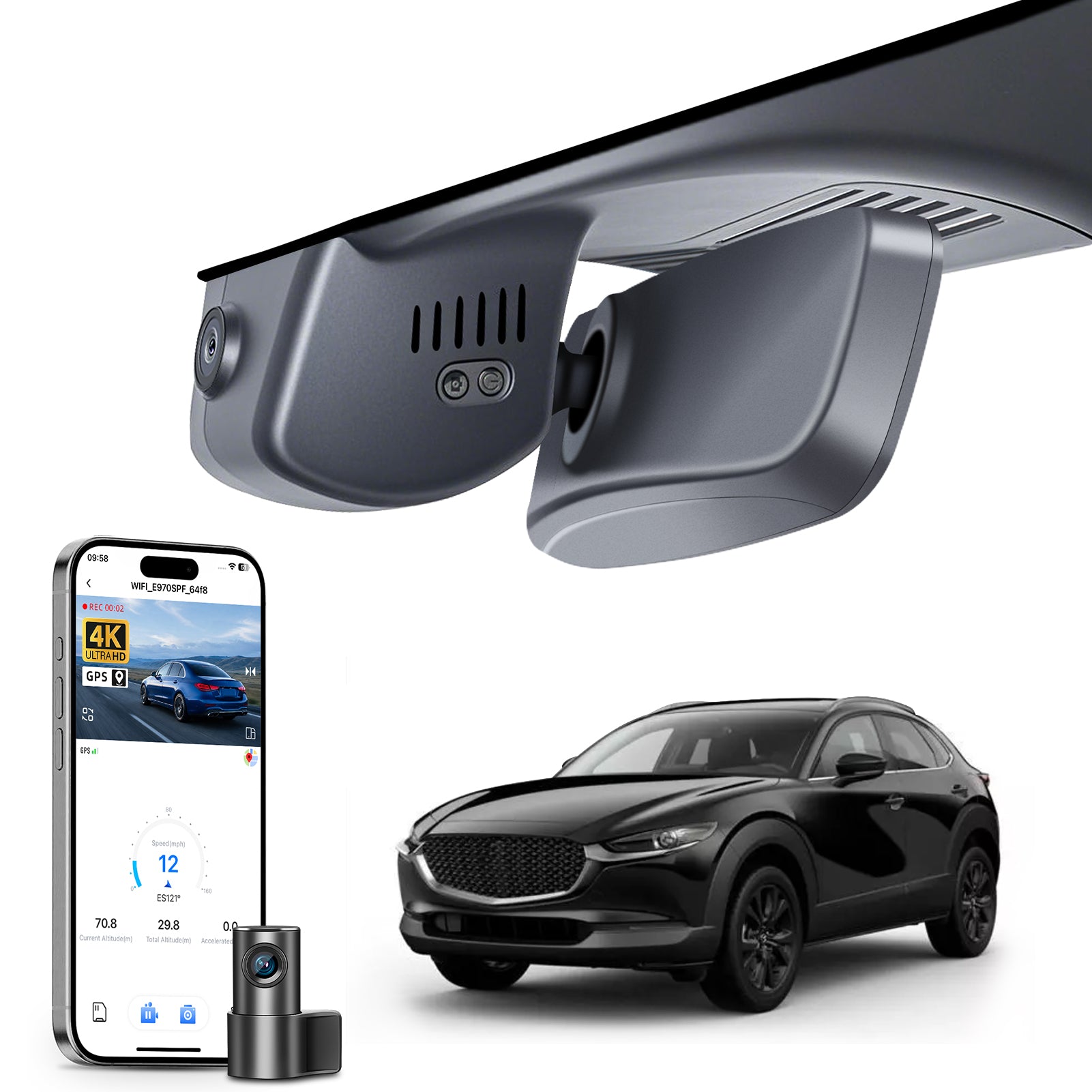 Mangoal 2 channel dash cam with STARVIS sensor, features smartphone app control, front 4K UHD and rear Full HD recording, GPS tracking, and Mazda CX-30 models in the background.