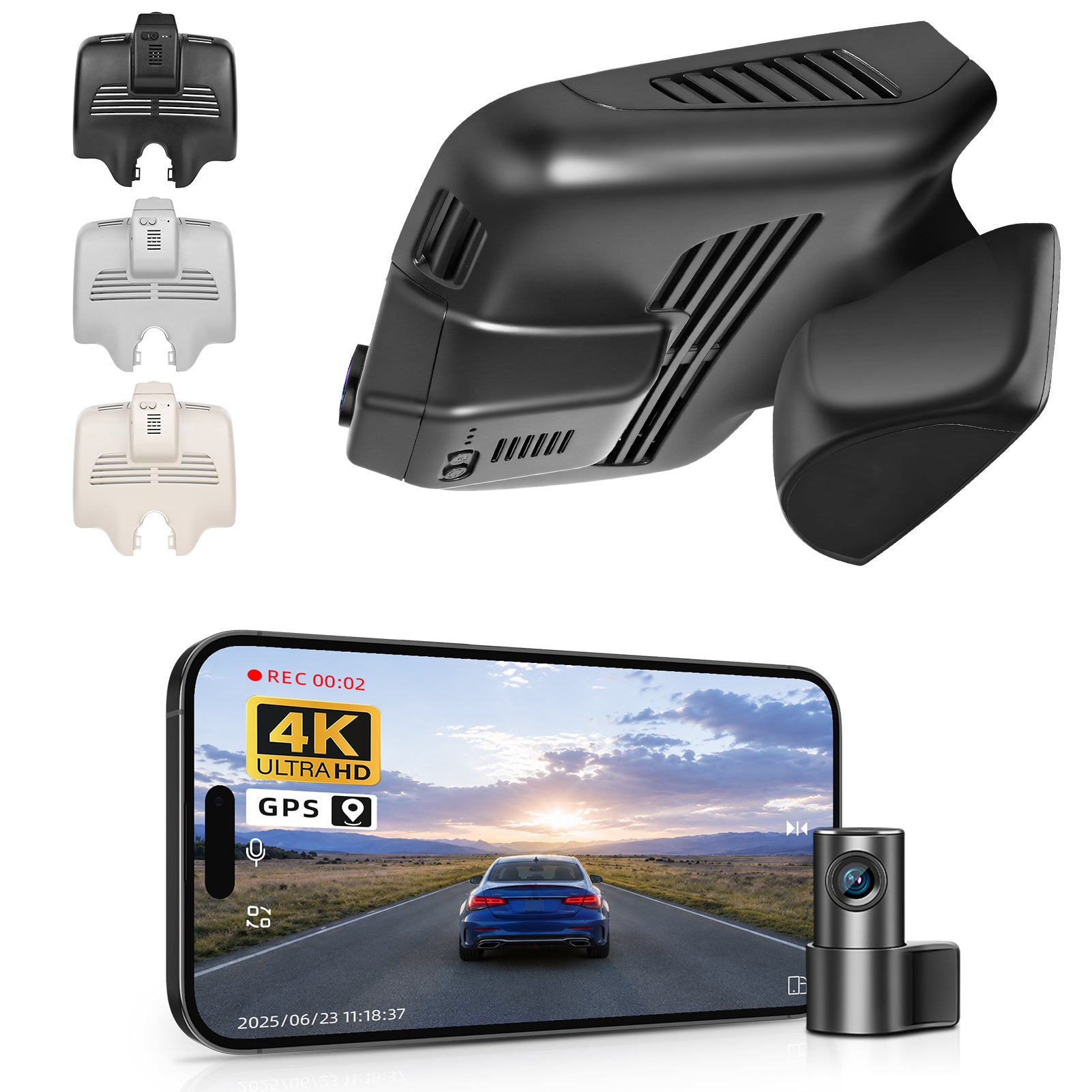 Mangoal 2 channel dash cam with STARVIS sensor, features smartphone app control, front 4K UHD and rear Full HD recording, GPS tracking, and Mercedes-Benz C-Class in the background.