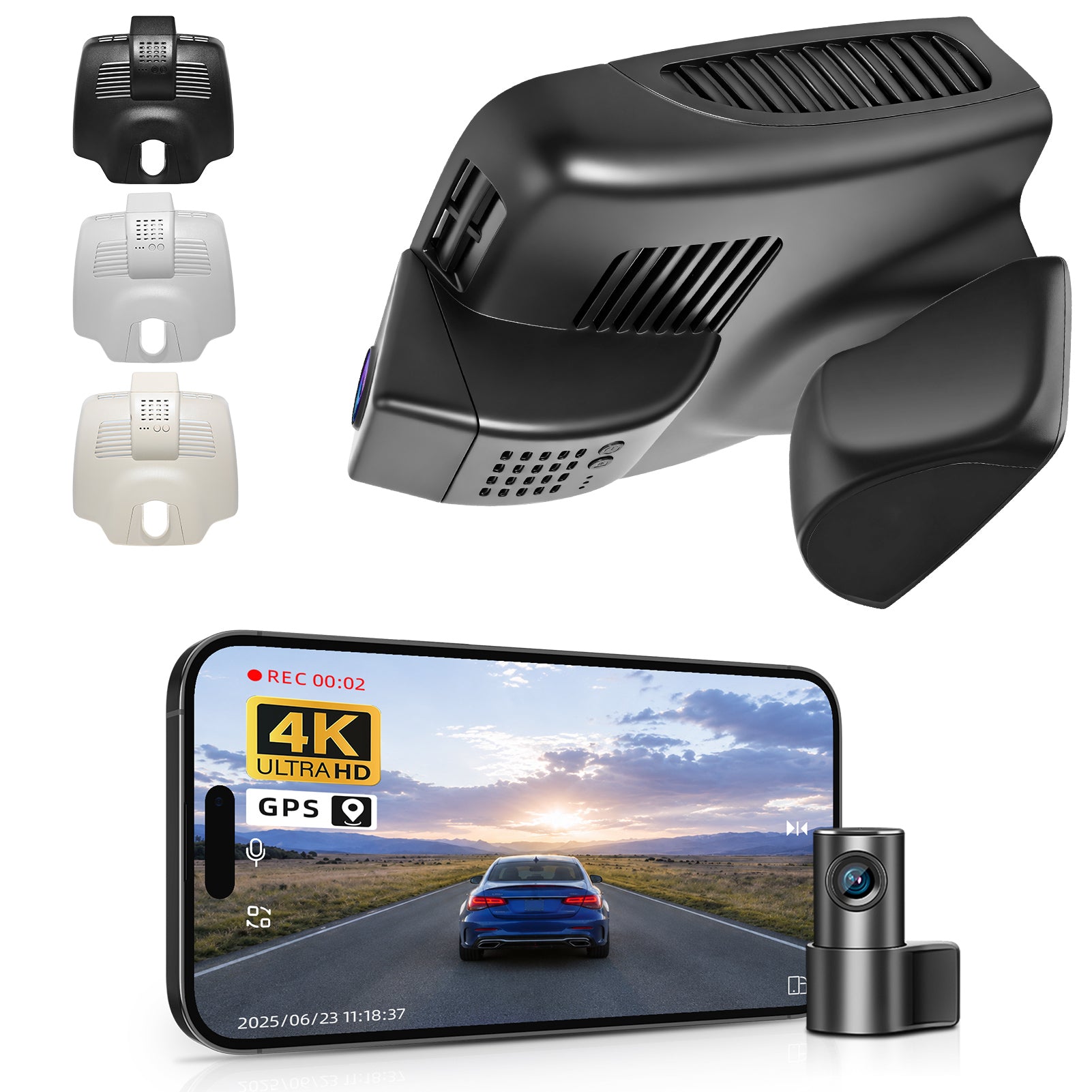 Mangoal 2 channel dash cam with STARVIS sensor, features smartphone app control, front 4K UHD and rear Full HD recording, GPS tracking, and Mercedes-Benz E-Class in the background.