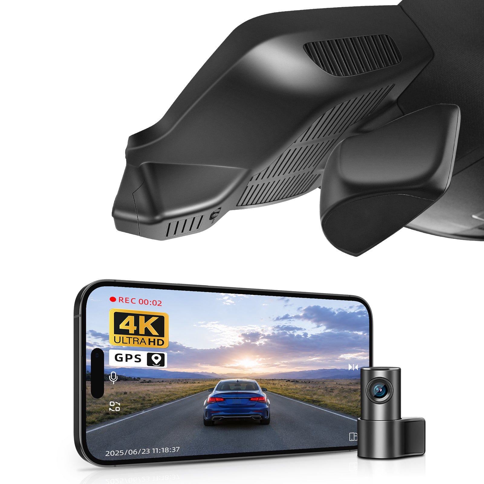 Mangoal 2 channel dash cam with STARVIS sensor, features smartphone app control, front 4K UHD and rear Full HD recording, GPS tracking, and Mercedes-Benz E-Class Gen6 in the background.