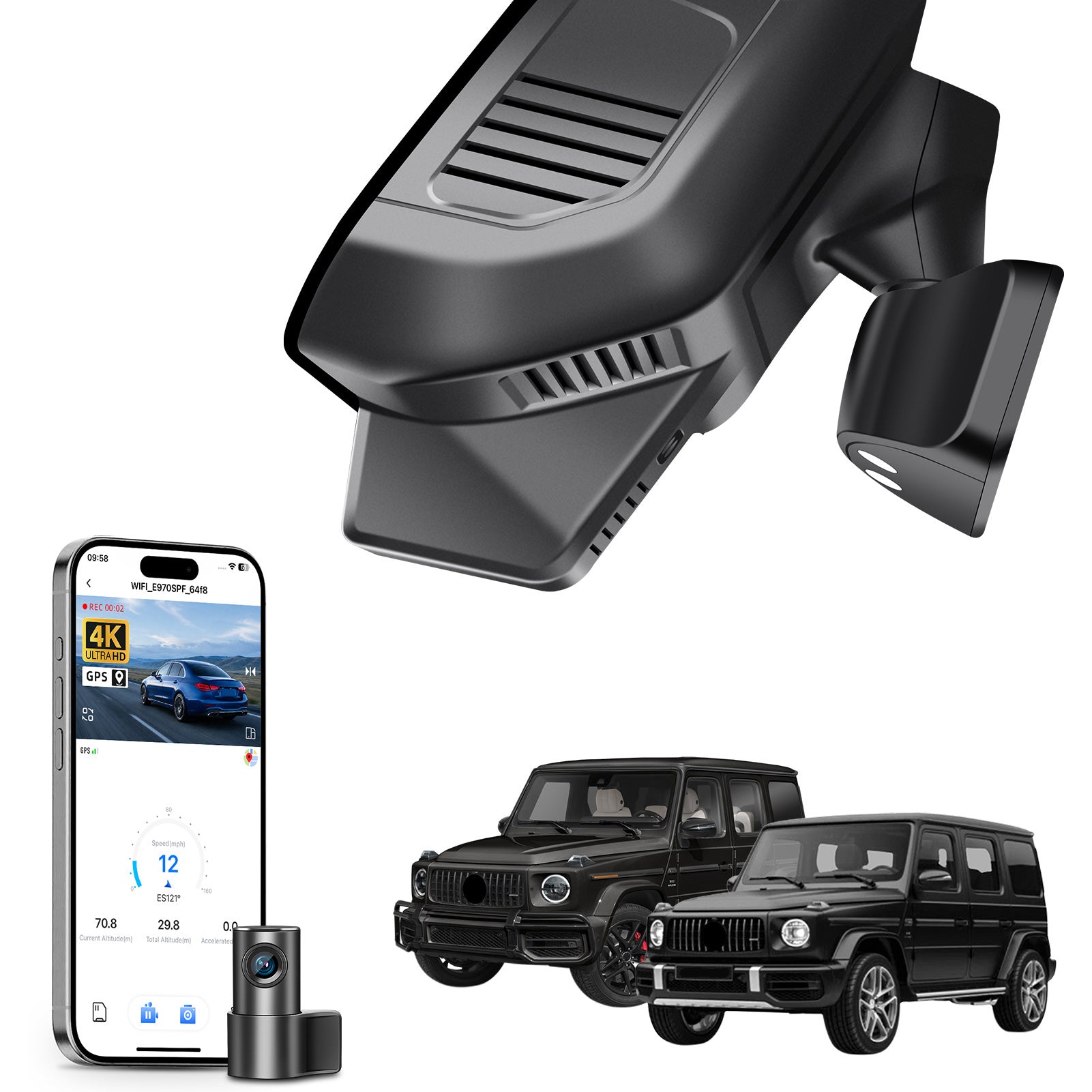Mangoal 2 channel dash cam with STARVIS sensor, features smartphone app control, front 4K UHD and rear Full HD recording, GPS tracking, and Mercedes-Benz G-Class in the background.