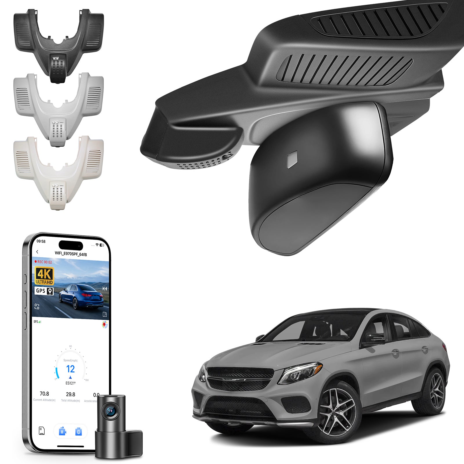 Mangoal 2 channel dash cam with STARVIS sensor, features smartphone app control, front 4K UHD and rear Full HD recording, GPS tracking, and Mercedes-Benz GLE in the background.