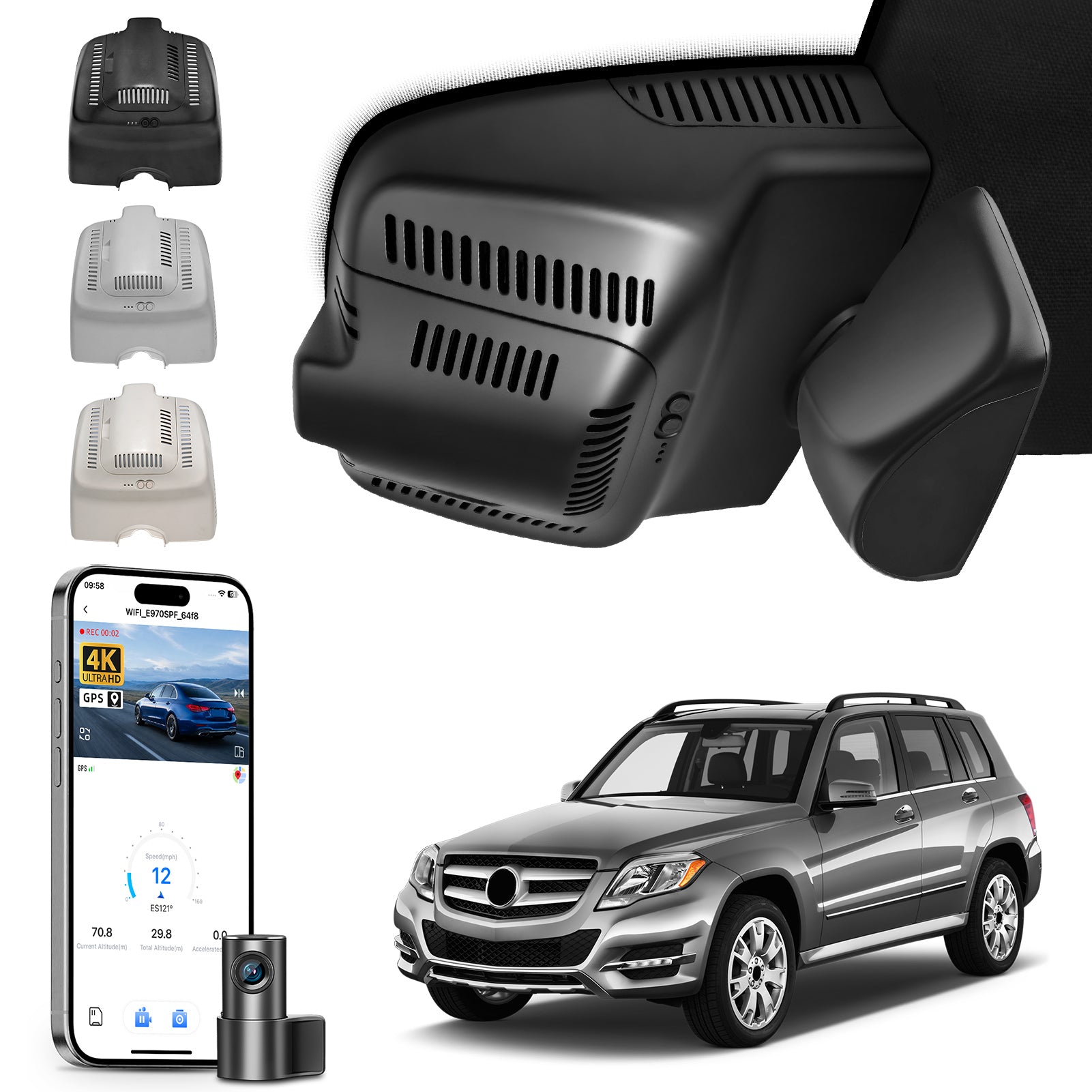 Mangoal 2 channel dash cam with STARVIS sensor, features smartphone app control, front 4K UHD and rear Full HD recording, GPS tracking, and Mercedes-Benz GLK in the background.