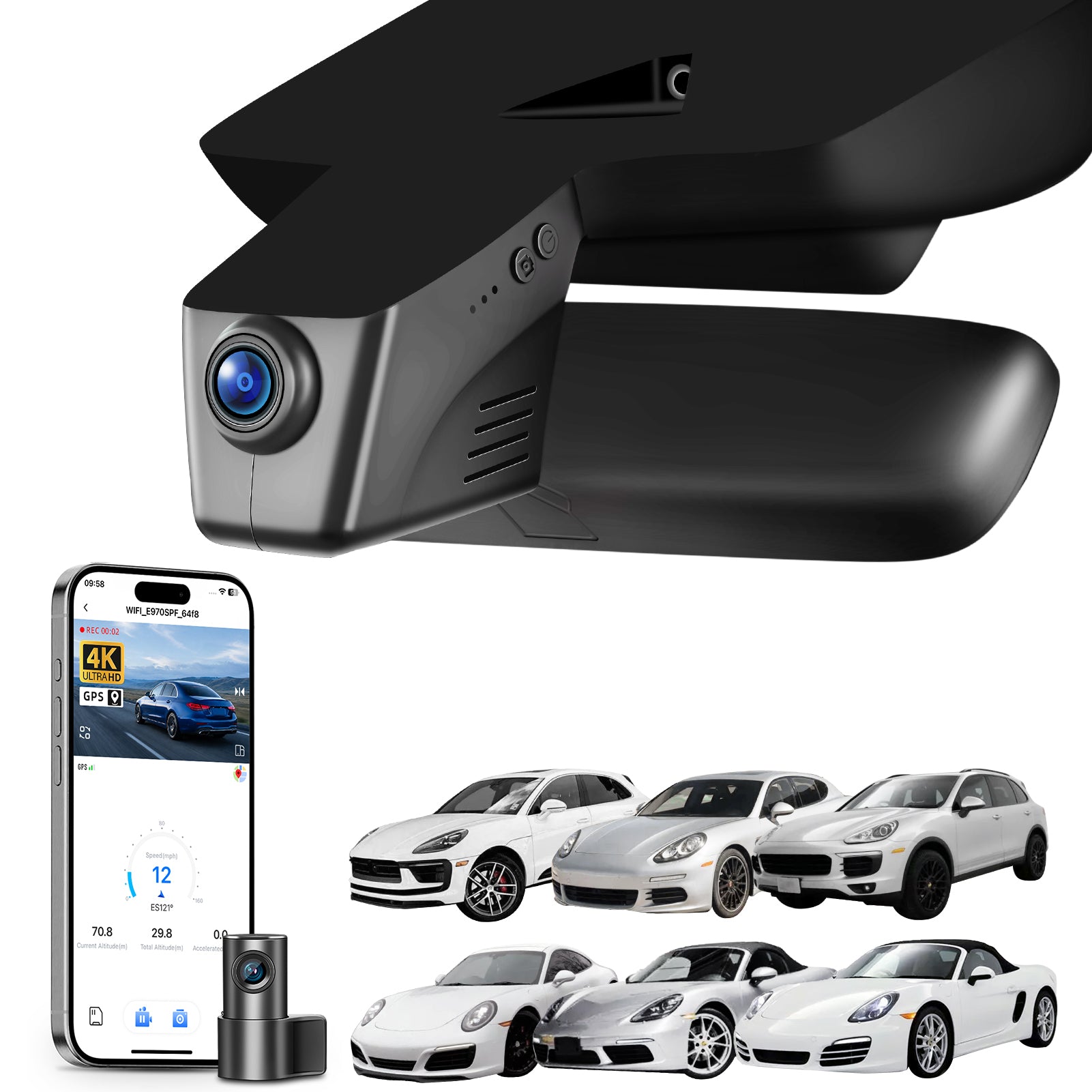 Mangoal 2 channel dash cam with STARVIS sensor, features smartphone app control, front 4K UHD and rear Full HD recording, GPS tracking, and Porsche models in the background.