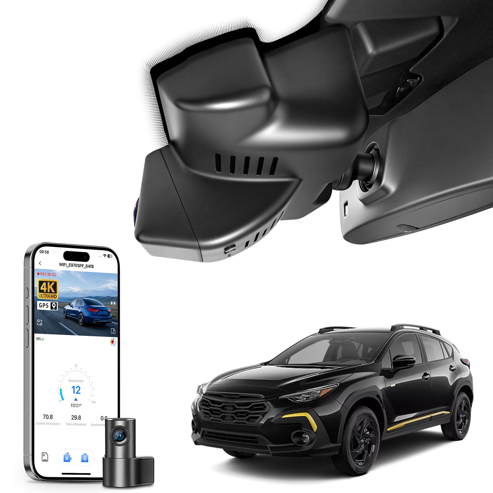 Mangoal 2 channel dash cam with STARVIS sensor, features smartphone app control, front 4K UHD and rear Full HD recording, GPS tracking, and Subaru Crosstrek in the background.