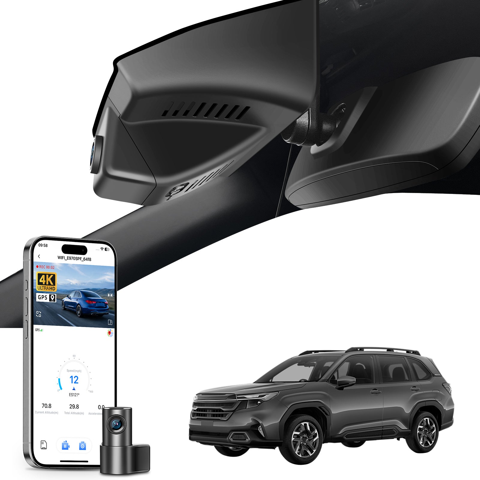 Mangoal 2 channel dash cam with STARVIS sensor, features smartphone app control, front 4K UHD and rear Full HD recording, GPS tracking, and Subaru Forester in the background.