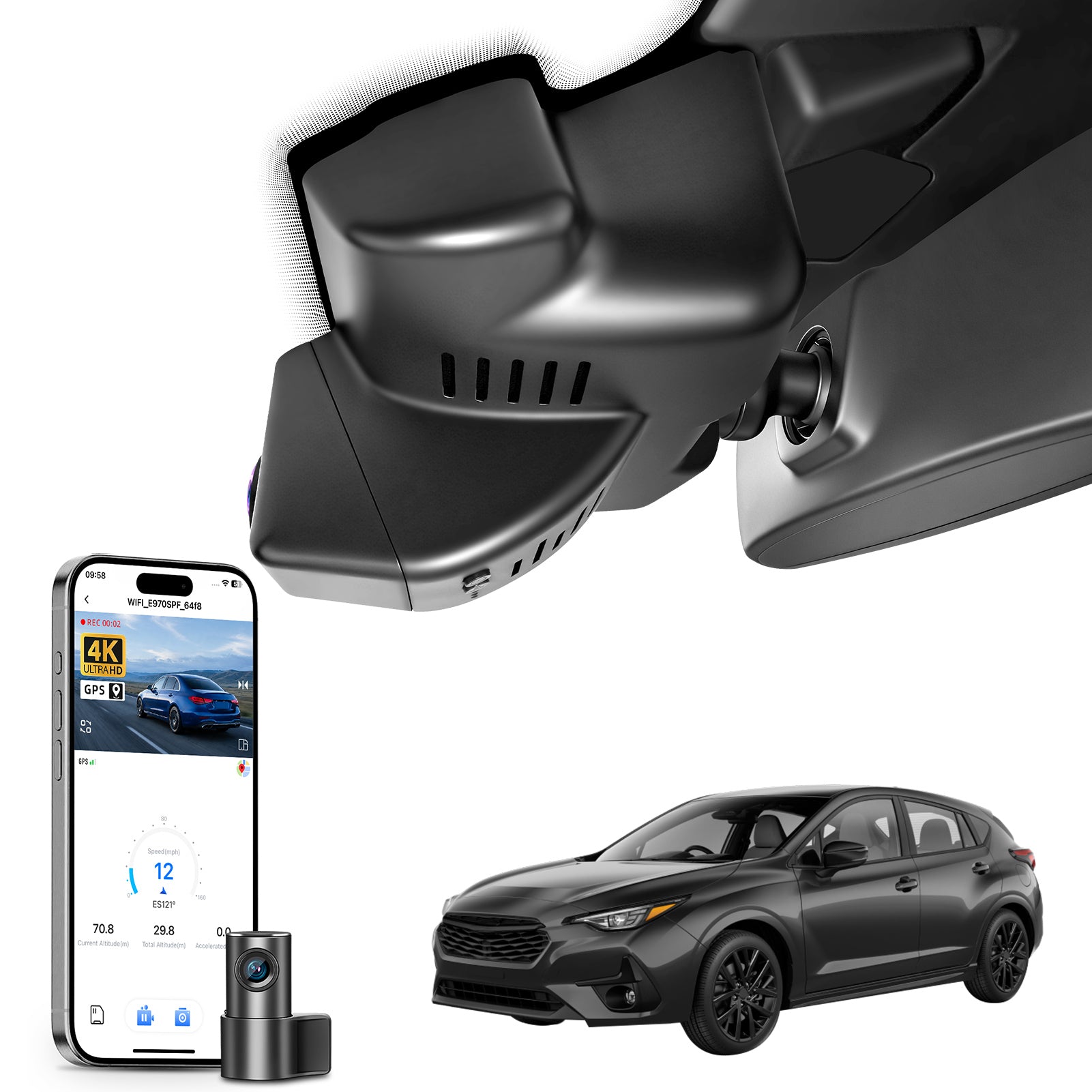 Mangoal 2 channel dash cam with STARVIS sensor, features smartphone app control, front 4K UHD and rear Full HD recording, GPS tracking, and Subaru Impreza in the background.
