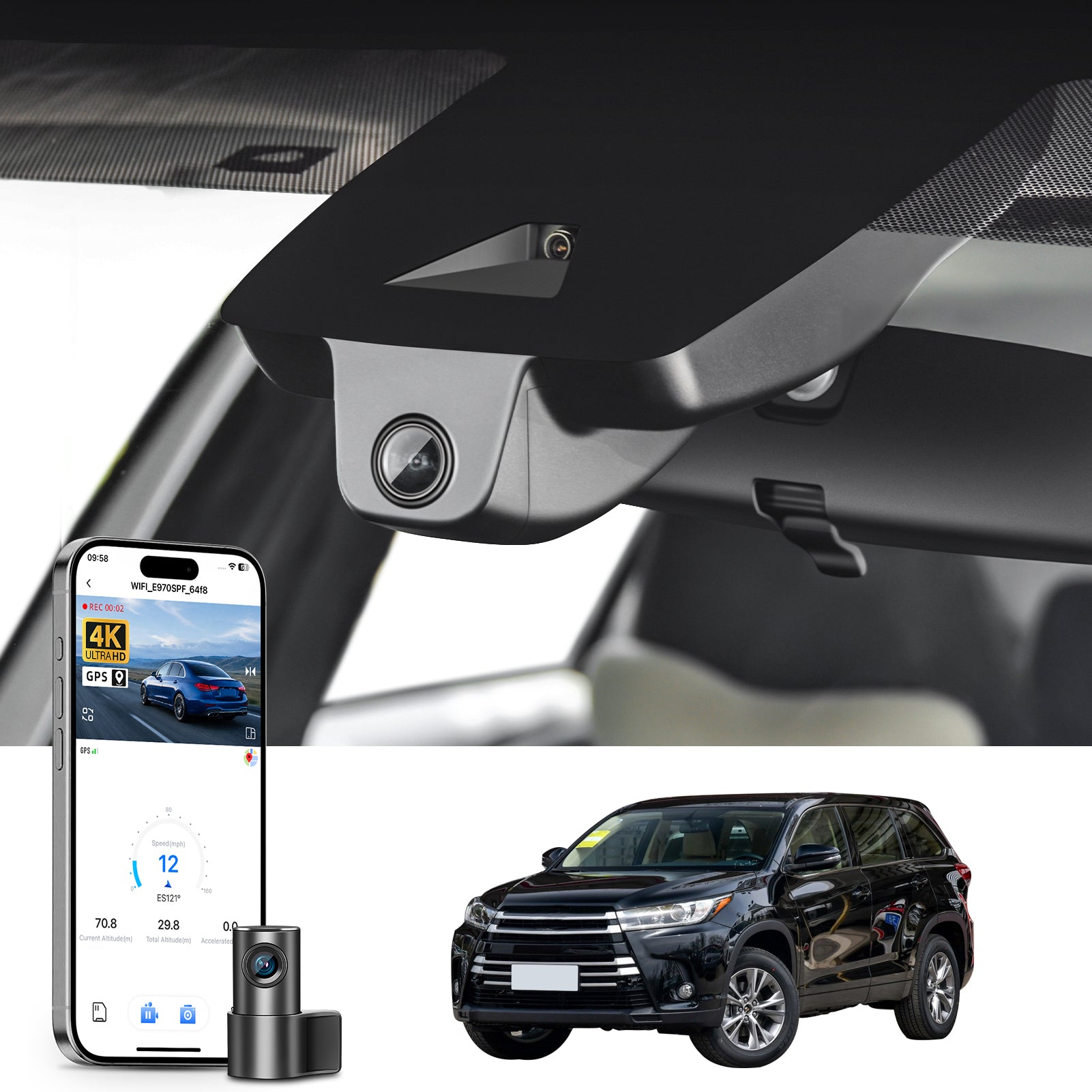 Mangoal 2 channel dash cam with STARVIS sensor, features smartphone app control, front 4K UHD and rear Full HD recording, GPS tracking, and Toyota Highlander in the background.
