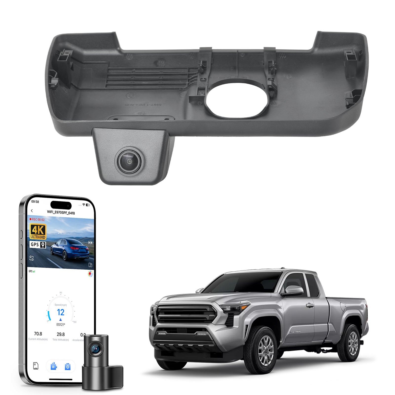 Mangoal 2 channel dash cam with STARVIS sensor, features smartphone app control, front 4K UHD and rear Full HD recording, GPS tracking, and Toyota Tacoma in the background.