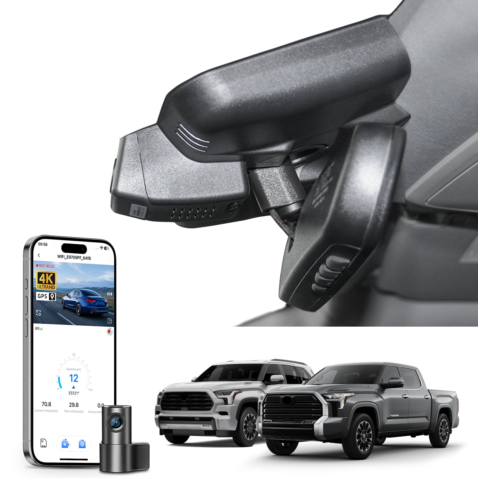 Mangoal 2 channel dash cam with STARVIS sensor, features smartphone app control, front 4K UHD and rear Full HD recording, GPS tracking, and Toyota Tundra Sequoia in the background.
