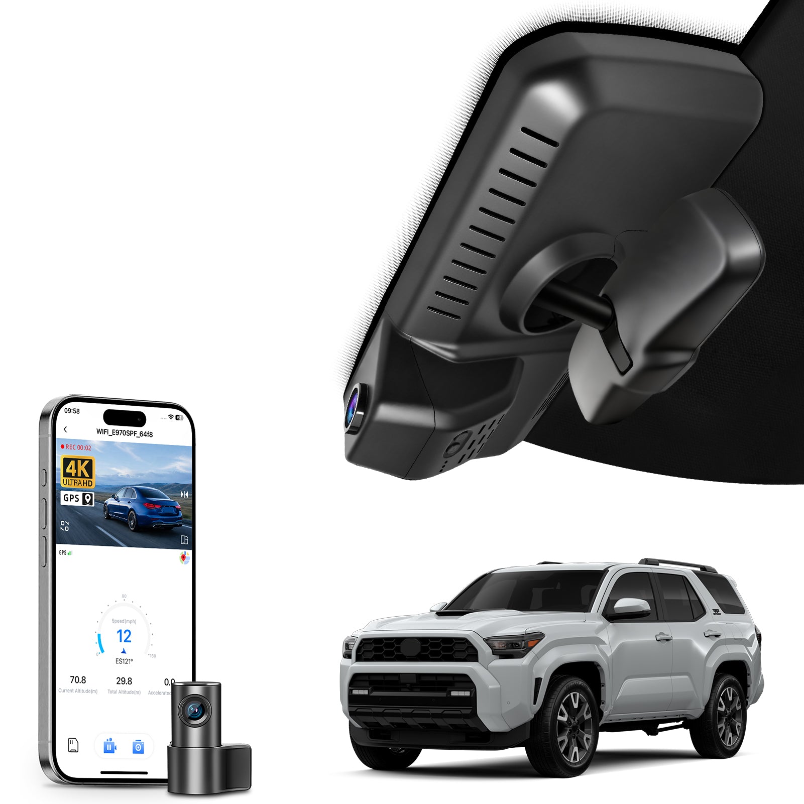 Mangoal 2 channel dash cam with STARVIS sensor, features smartphone app control, front 4K UHD and rear Full HD recording, GPS tracking, and Toyota 4Runner in the background.