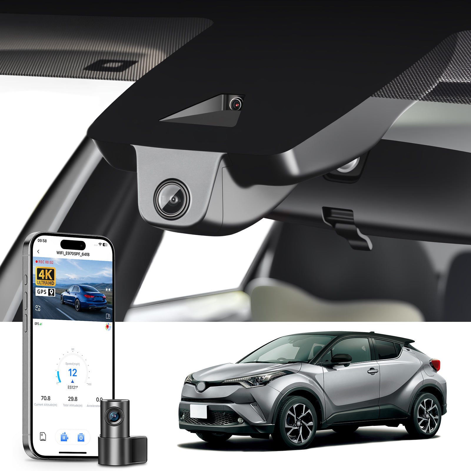 Mangoal 2 channel dash cam with STARVIS sensor, features smartphone app control, front 4K UHD and rear Full HD recording, GPS tracking, and Toyota C-HR in the background.