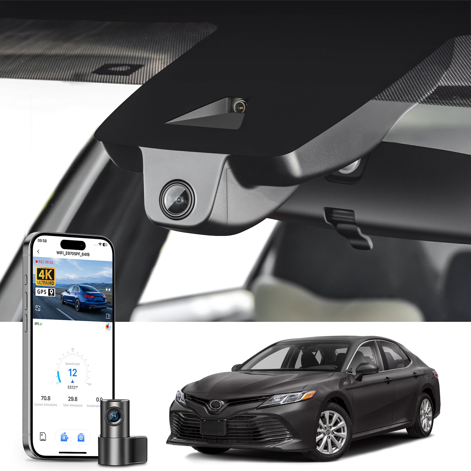 Mangoal 2 channel dash cam with STARVIS sensor, features smartphone app control, front 4K UHD and rear Full HD recording, GPS tracking, and Toyota Camry in the background.