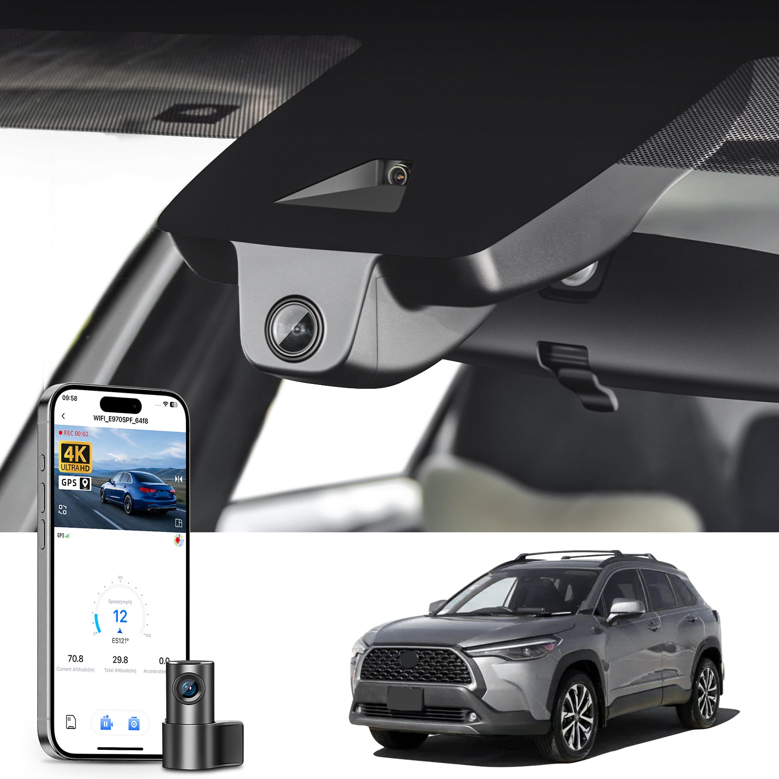 Mangoal 2 channel dash cam with STARVIS sensor, features smartphone app control, front 4K UHD and rear Full HD recording, GPS tracking, and Toyota Corolla Cross in the background.