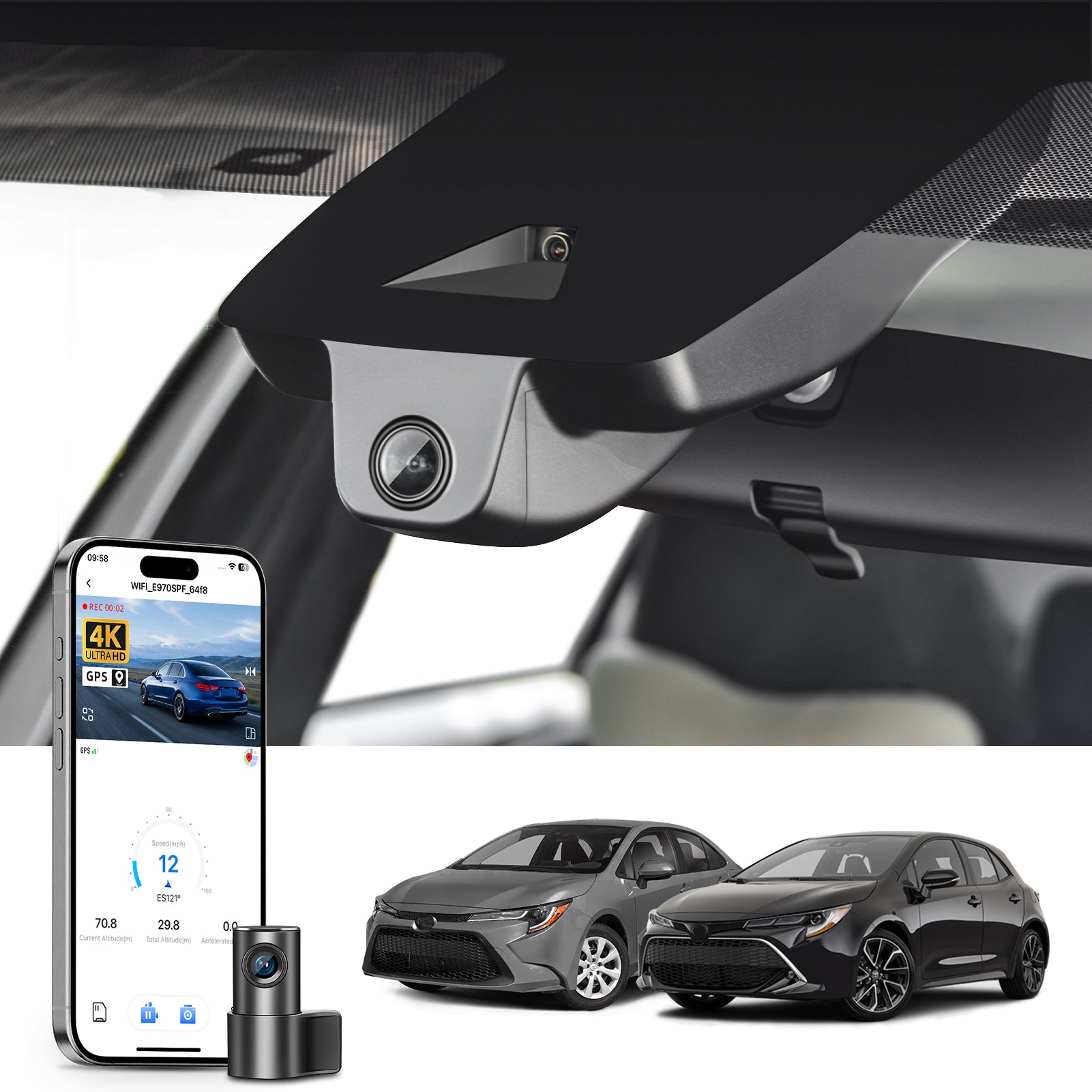 Mangoal 2 channel dash cam with STARVIS sensor, features smartphone app control, front 4K UHD and rear Full HD recording, GPS tracking, and Toyota Corolla in the background.