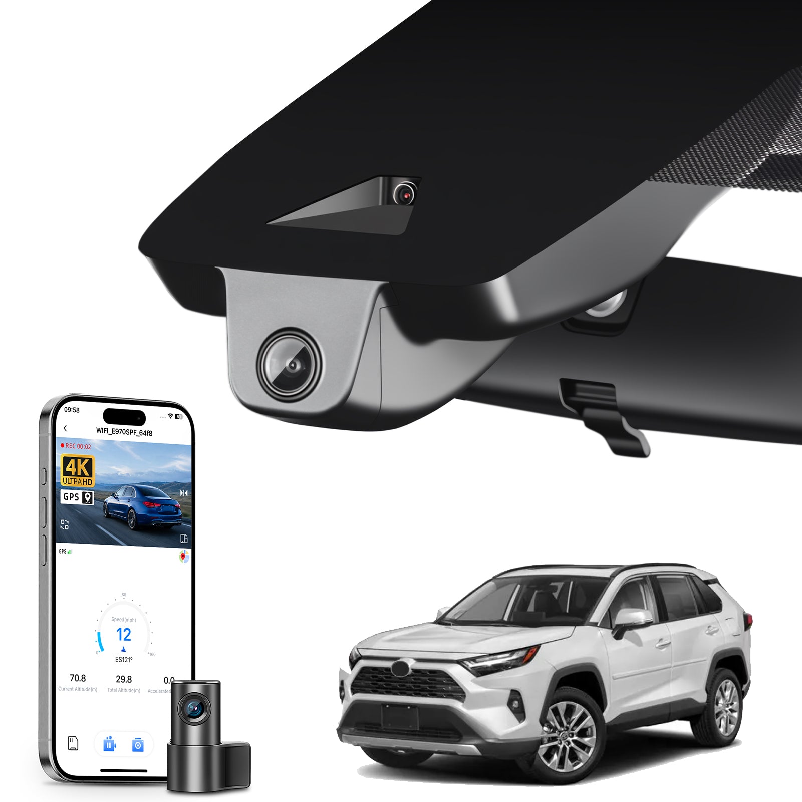 Mangoal 2 channel dash cam with STARVIS sensor, features smartphone app control, front 4K UHD and rear Full HD recording, GPS tracking, and Toyota RAV4 in the background.