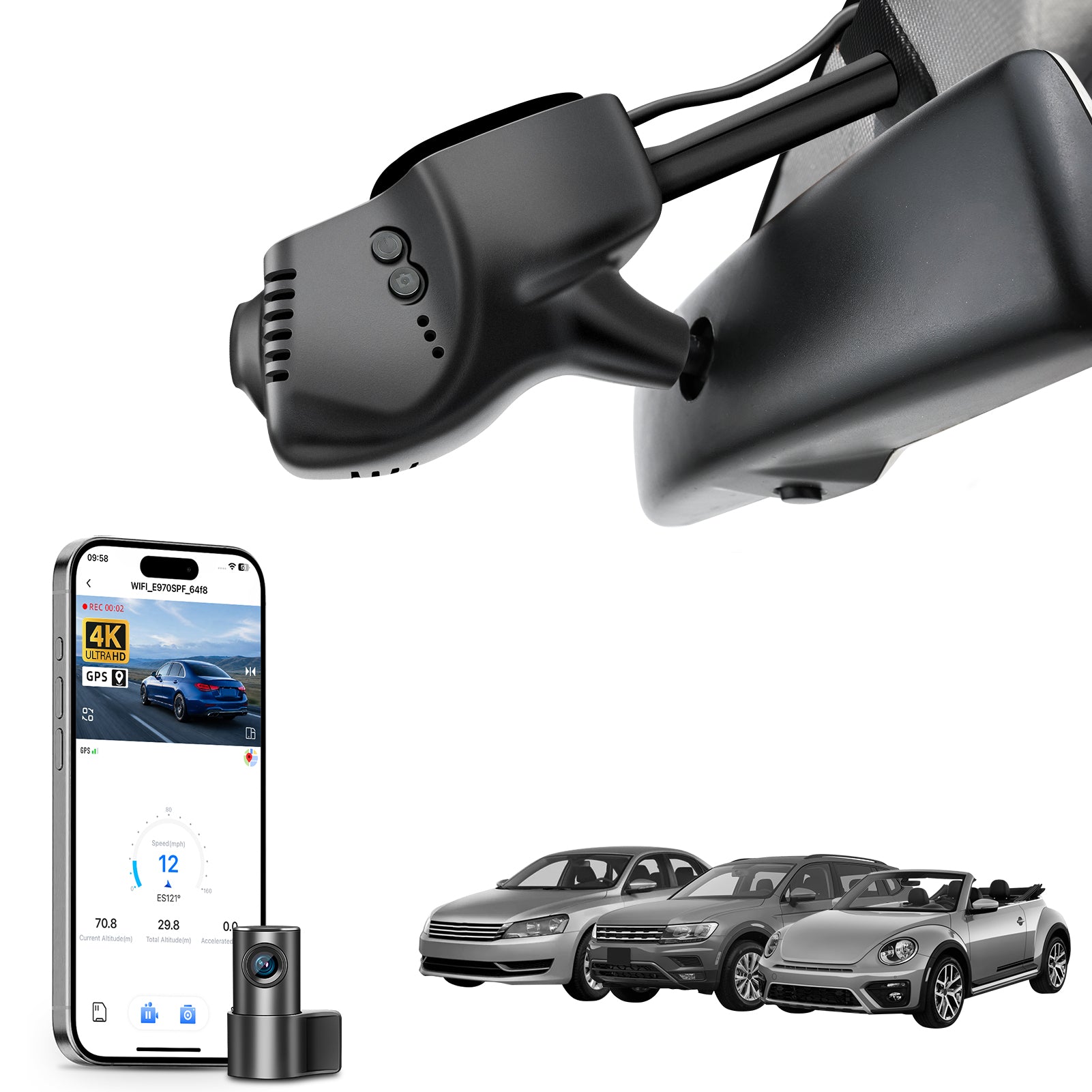 Mangoal 2 channel dash cam with STARVIS sensor, features smartphone app control, front 4K UHD and rear Full HD recording, GPS tracking, and Volkswagen Series in the background.