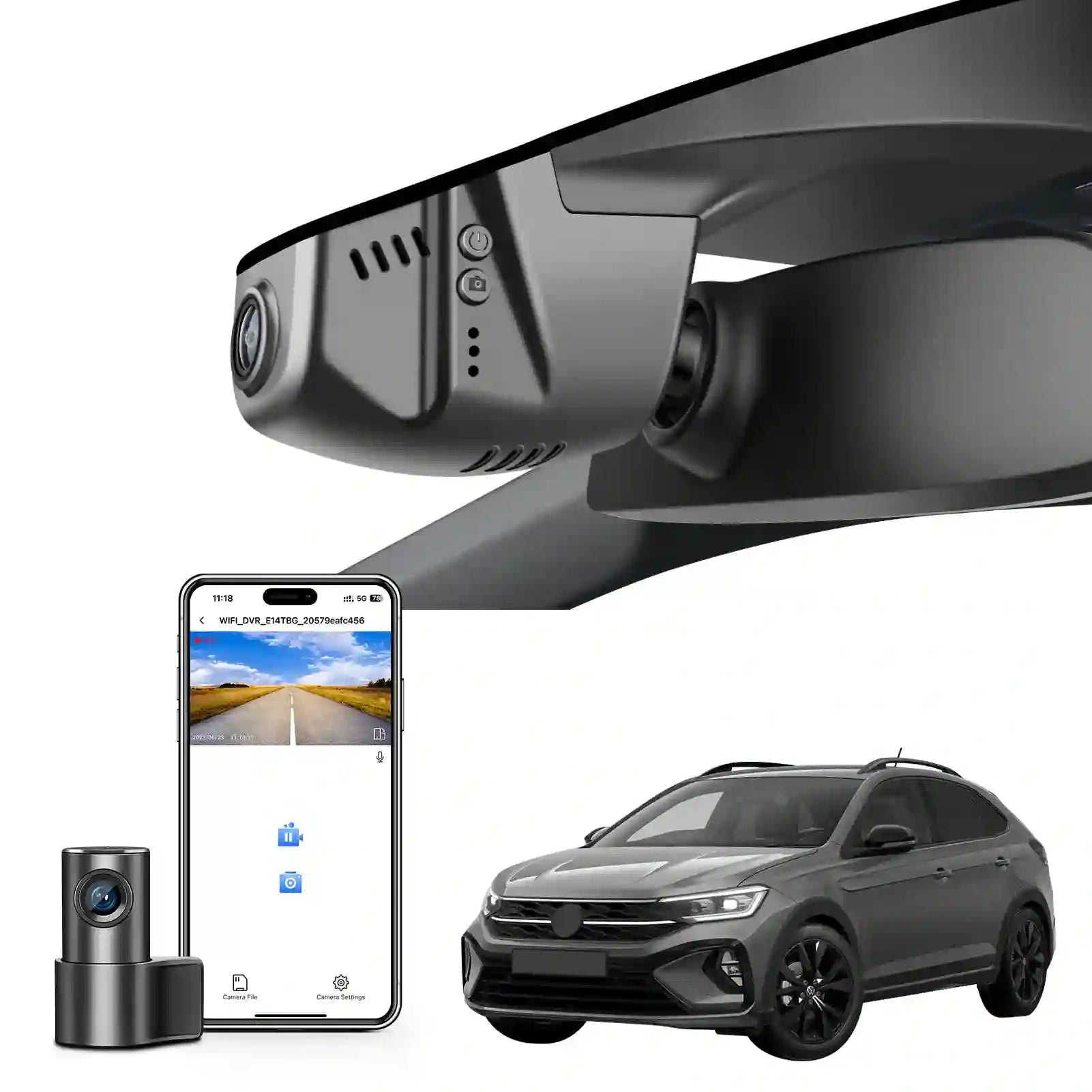 Mangoal 2 channel dash cam with STARVIS sensor, features smartphone app control, front 4K UHD and rear Full HD recording, GPS tracking, and Volkswagen Taigo in the background.