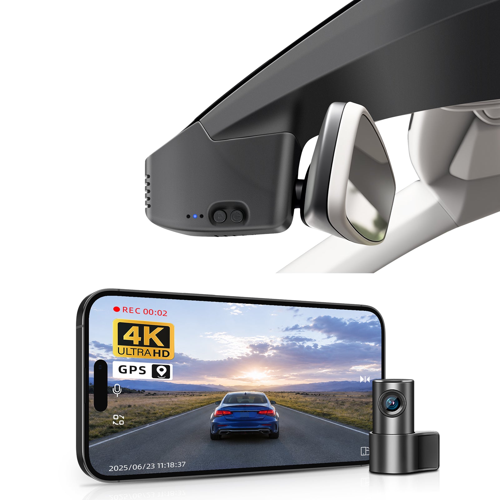 Mangoal 2 channel dash cam with STARVIS sensor, features smartphone app control, front 4K UHD and rear Full HD recording, GPS tracking, and Volkswagen Tiguan in the background.