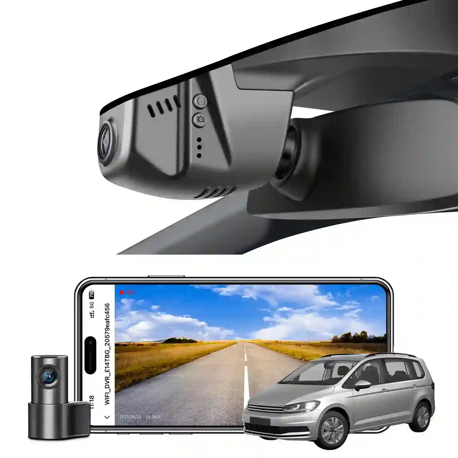 Mangoal 2 channel dash cam with STARVIS sensor, features smartphone app control, front 4K UHD and rear Full HD recording, GPS tracking, and Volkswagen Touran in the background.
