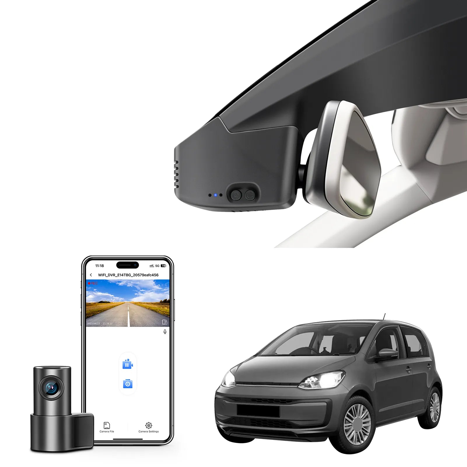 Mangoal 2 channel dash cam with STARVIS sensor, features smartphone app control, front 4K UHD and rear Full HD recording, GPS tracking, and Volkswagen up! in the background.