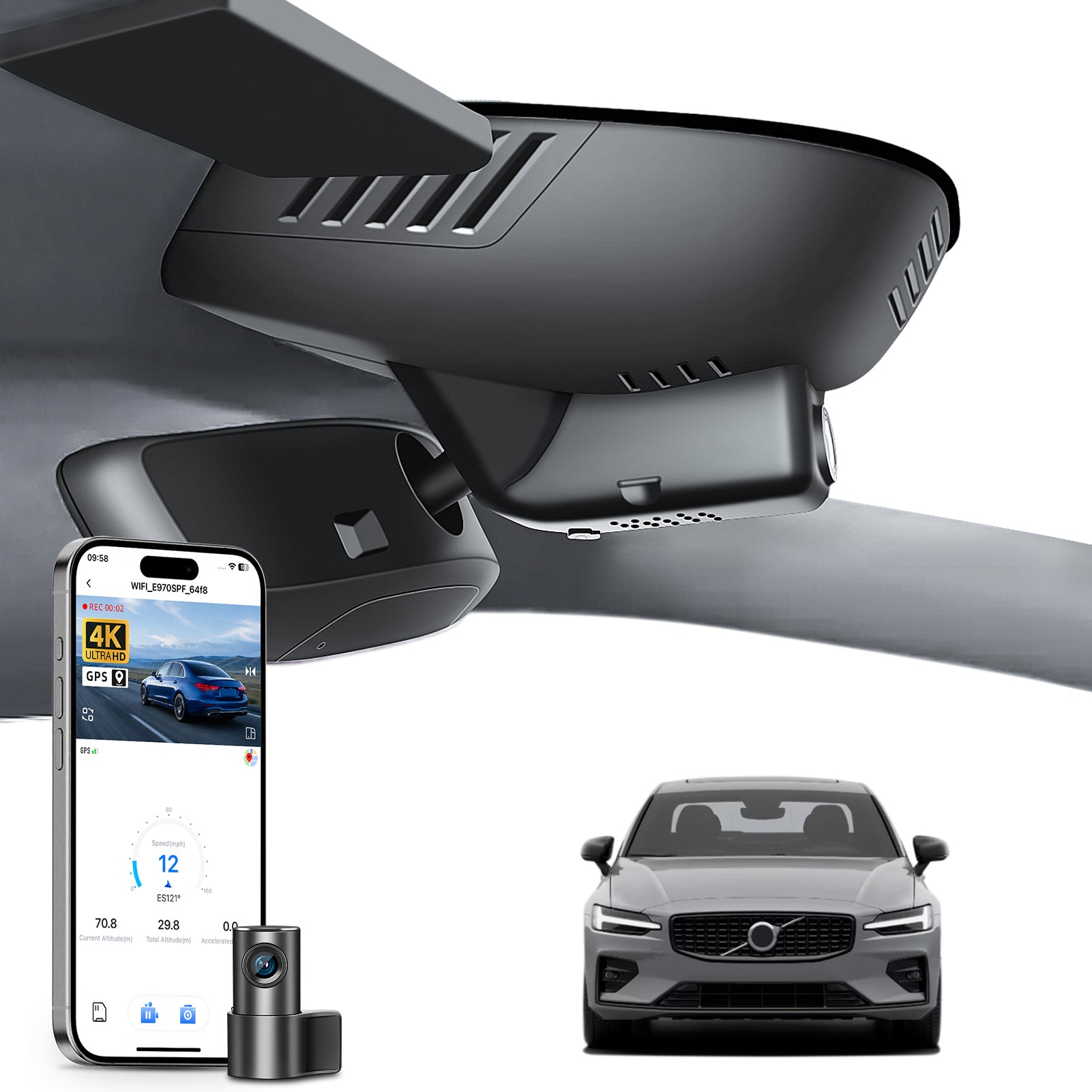 Mangoal 2 channel dash cam with STARVIS sensor, features smartphone app control, front 4K UHD and rear Full HD recording, GPS tracking, and Volvo S60 V60 in the background.