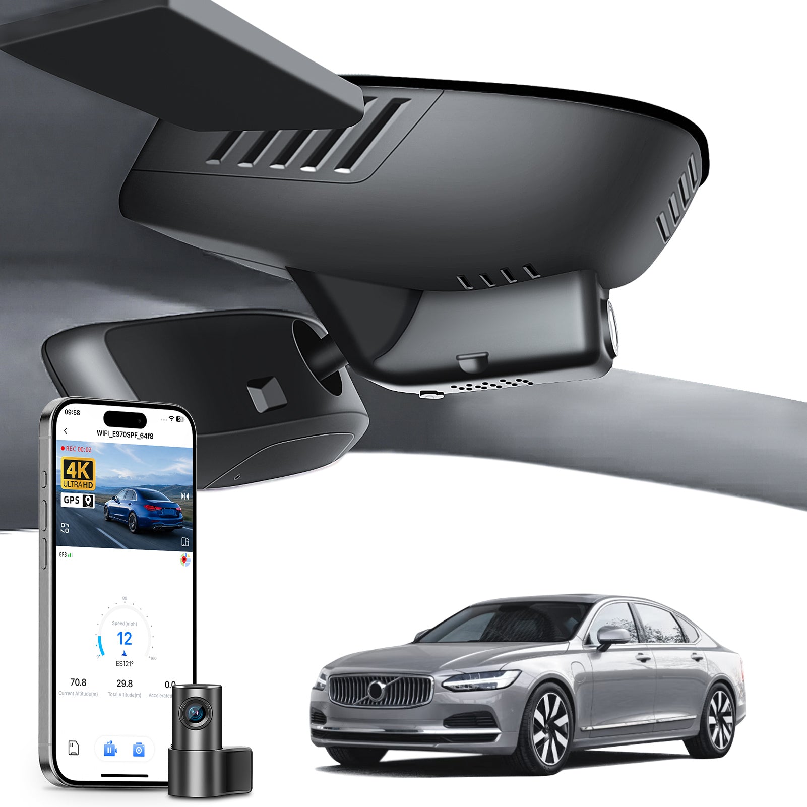 Mangoal 2 channel dash cam with STARVIS sensor, features smartphone app control, front 4K UHD and rear Full HD recording, GPS tracking, and Volvo S90 V90 in the background.