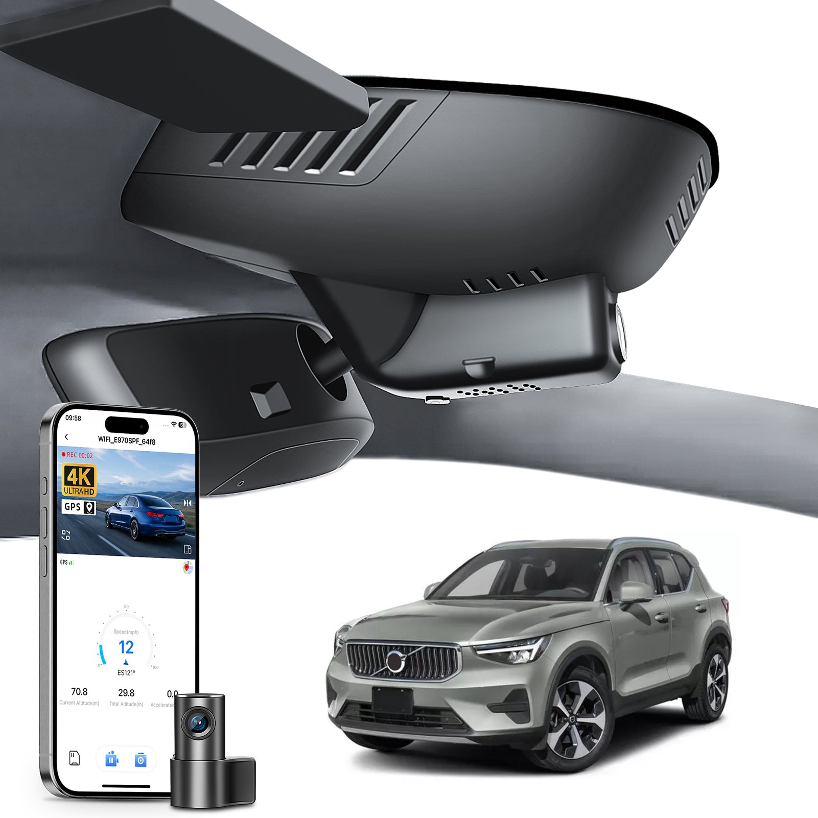 Mangoal 2 channel dash cam with STARVIS sensor, features smartphone app control, front 4K UHD and rear Full HD recording, GPS tracking, and Volvo XC40 in the background.