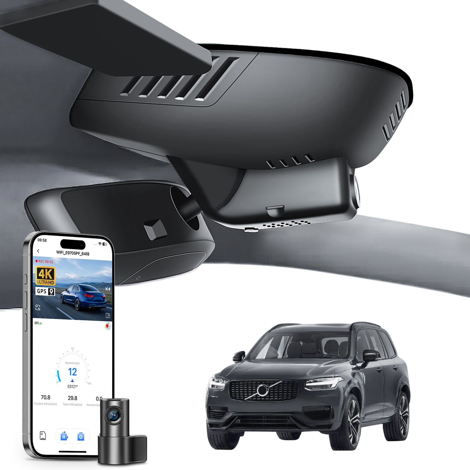 Mangoal 2 channel dash cam with STARVIS sensor, features smartphone app control, front 4K UHD and rear Full HD recording, GPS tracking, and Volvo XC90 in the background.
