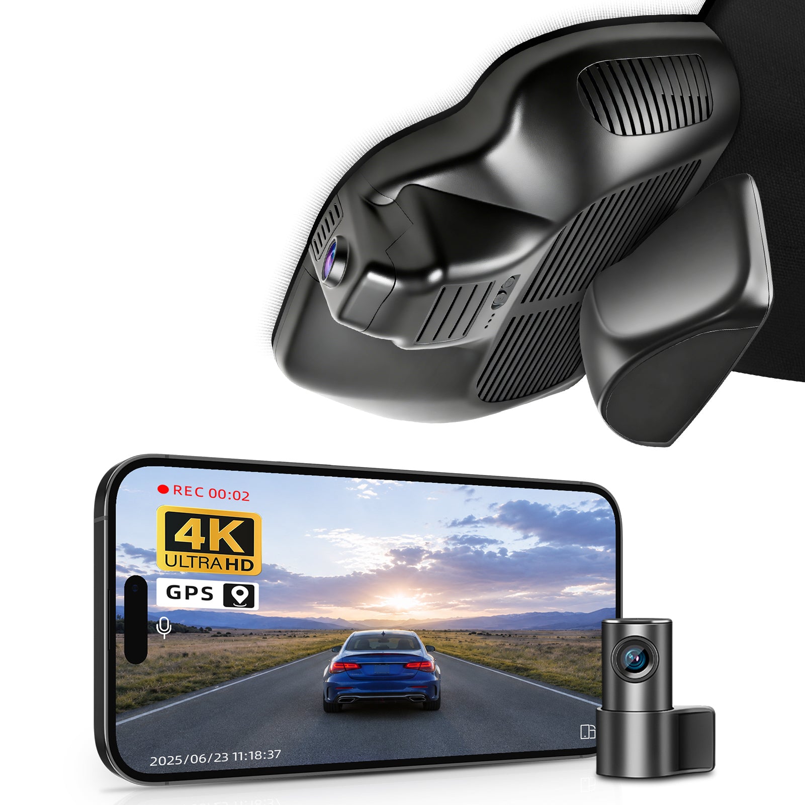 2 channel dash cam with dual STARVIS 2, features smartphone app control, 4K Ultra HD recording, GPS tracking, and Mercedes-Benz GLC Gen2  models in the background.