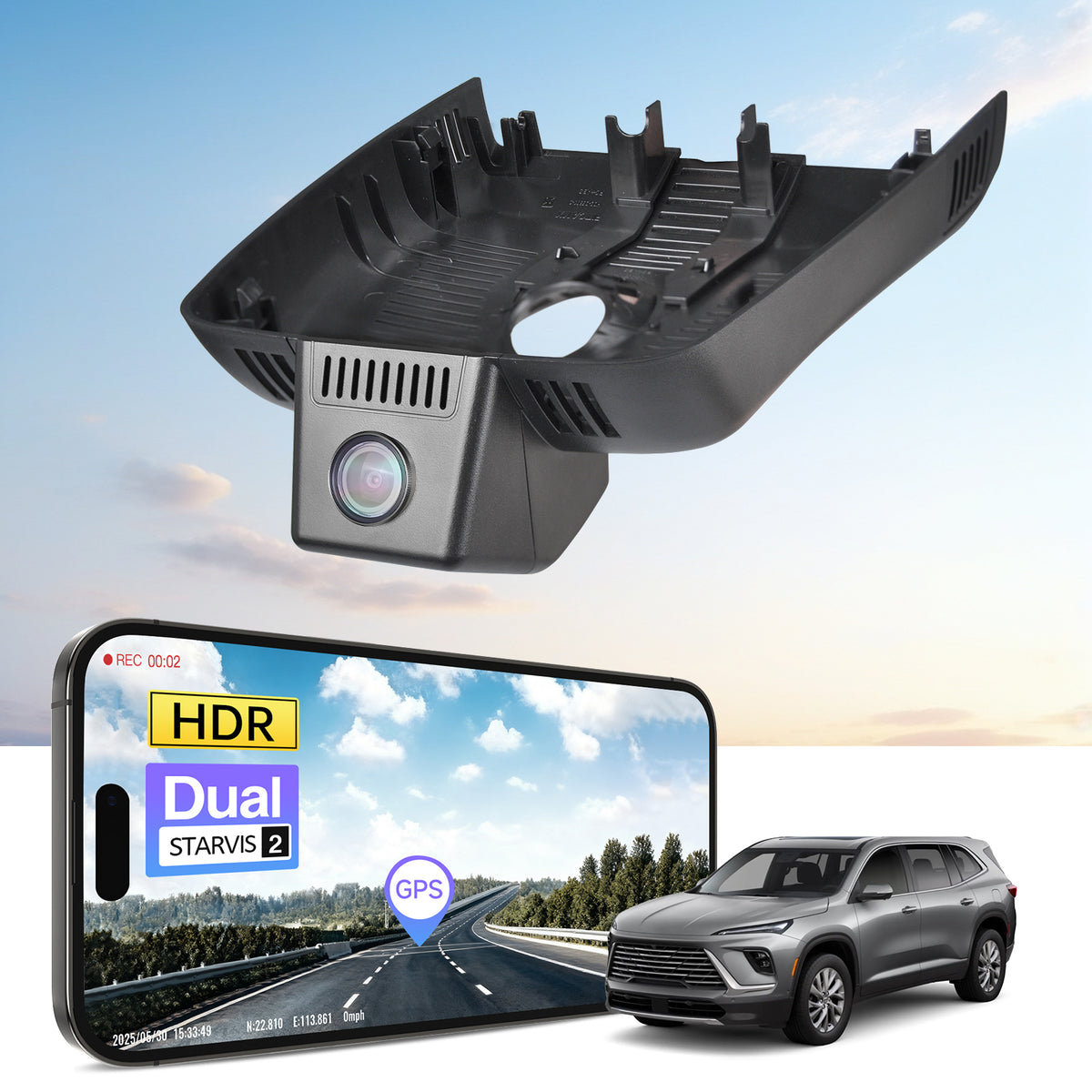 Car rearview mirror built-in dash cam with smartphone app control, 4K Ultra HD recording, GPS tracking, and Buick Enclave SUV models in the background.