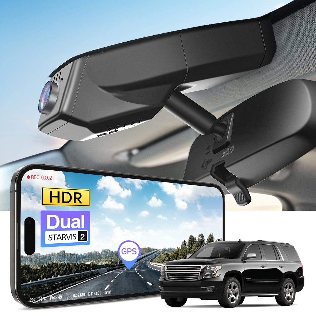 Car rearview mirror built-in dash cam with smartphone app control, 4K Ultra HD recording, GPS tracking, and Chevy Suburban Tahoe SUV models in the background.