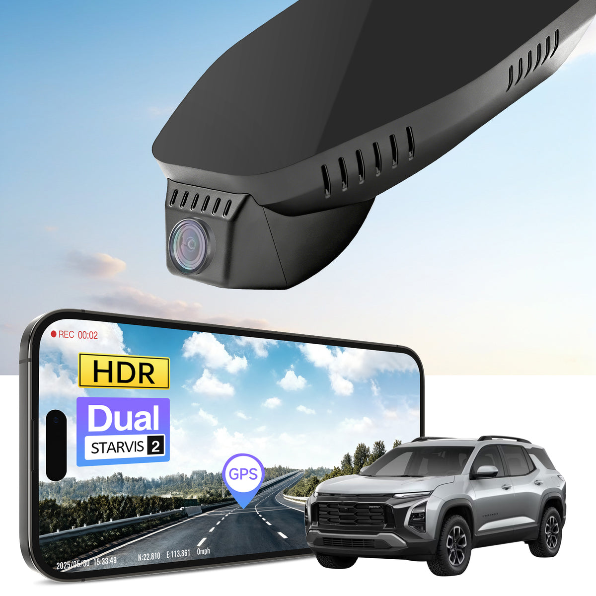 Car rearview mirror built-in dash cam with smartphone app control, 4K Ultra HD recording, GPS tracking, and Chevy Equinox SUV models in the background.